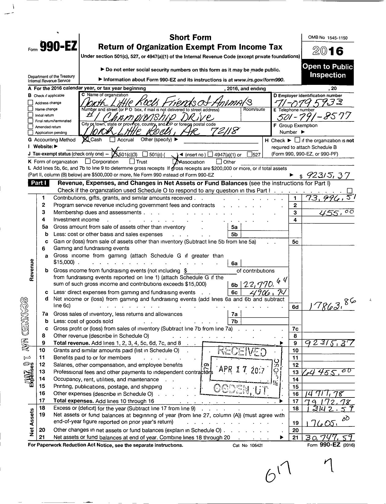 Image of first page of 2016 Form 990EZ for North Little Rock Friends of Animals