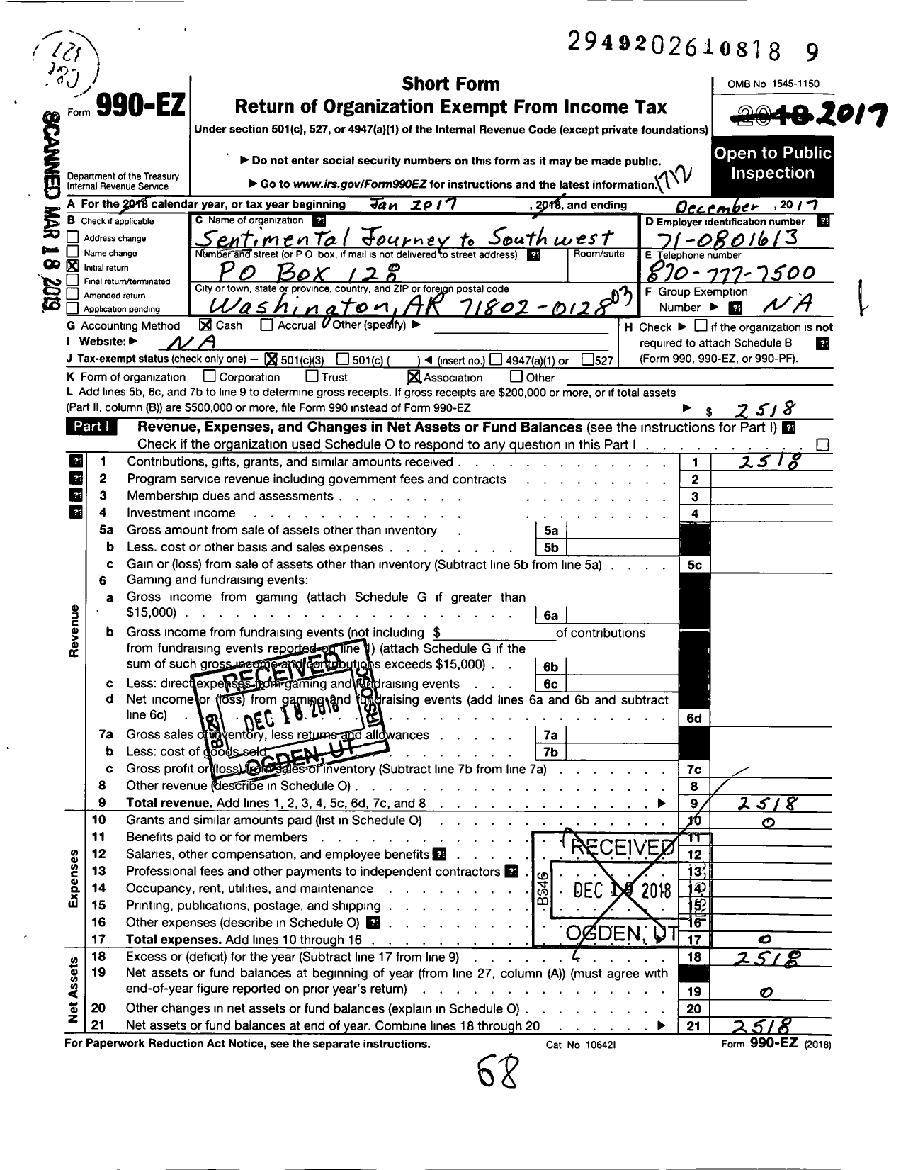 Image of first page of 2017 Form 990EZ for Sentimental Journey To Southwestern Proving Ground