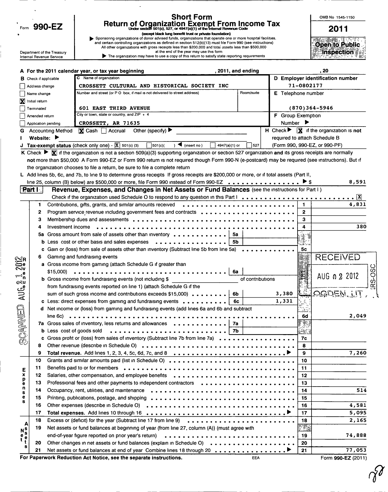 Image of first page of 2011 Form 990EZ for Crossett Cultural and Historical Society