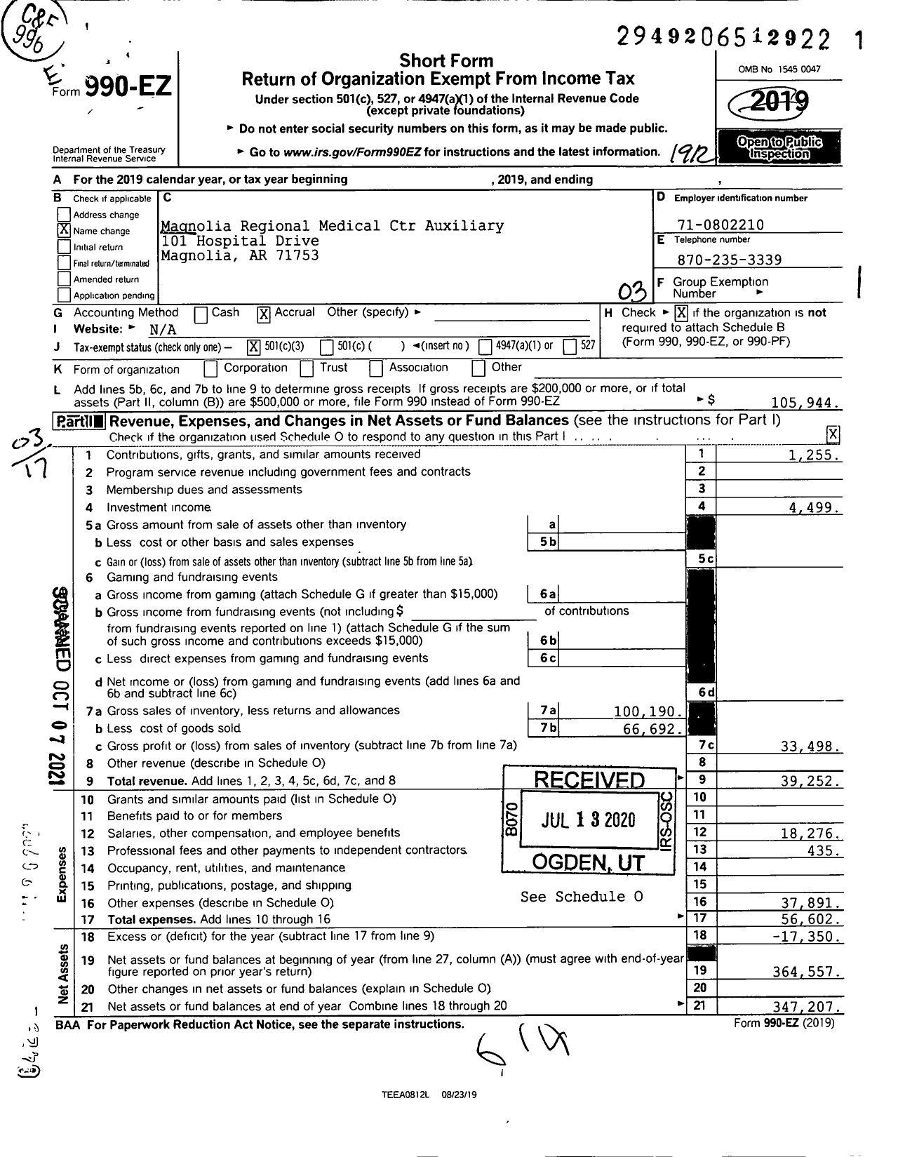 Image of first page of 2019 Form 990EZ for Magnolia Regional Medical Ctr Auxiliary