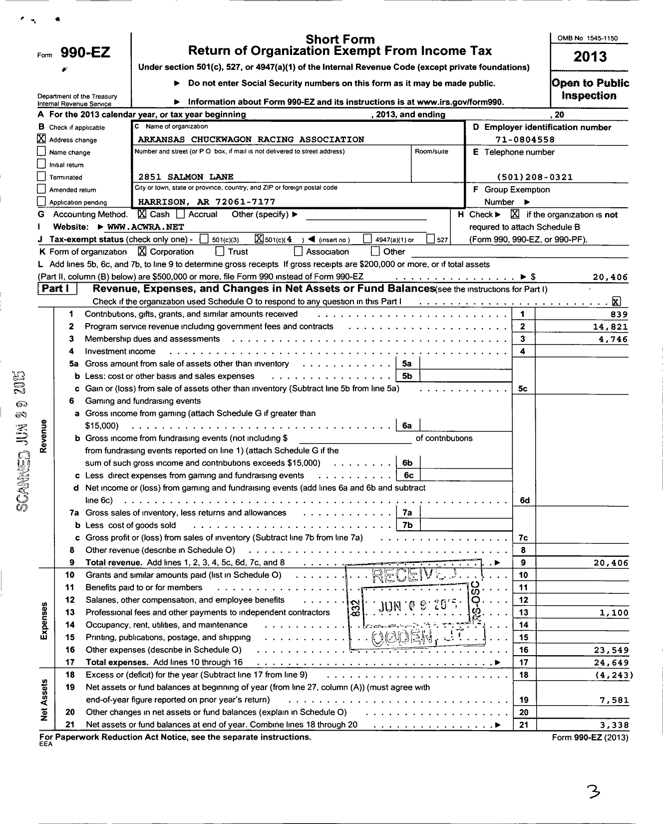 Image of first page of 2013 Form 990EO for Arkansas Chuckwagon Racing Association (ACWRA)