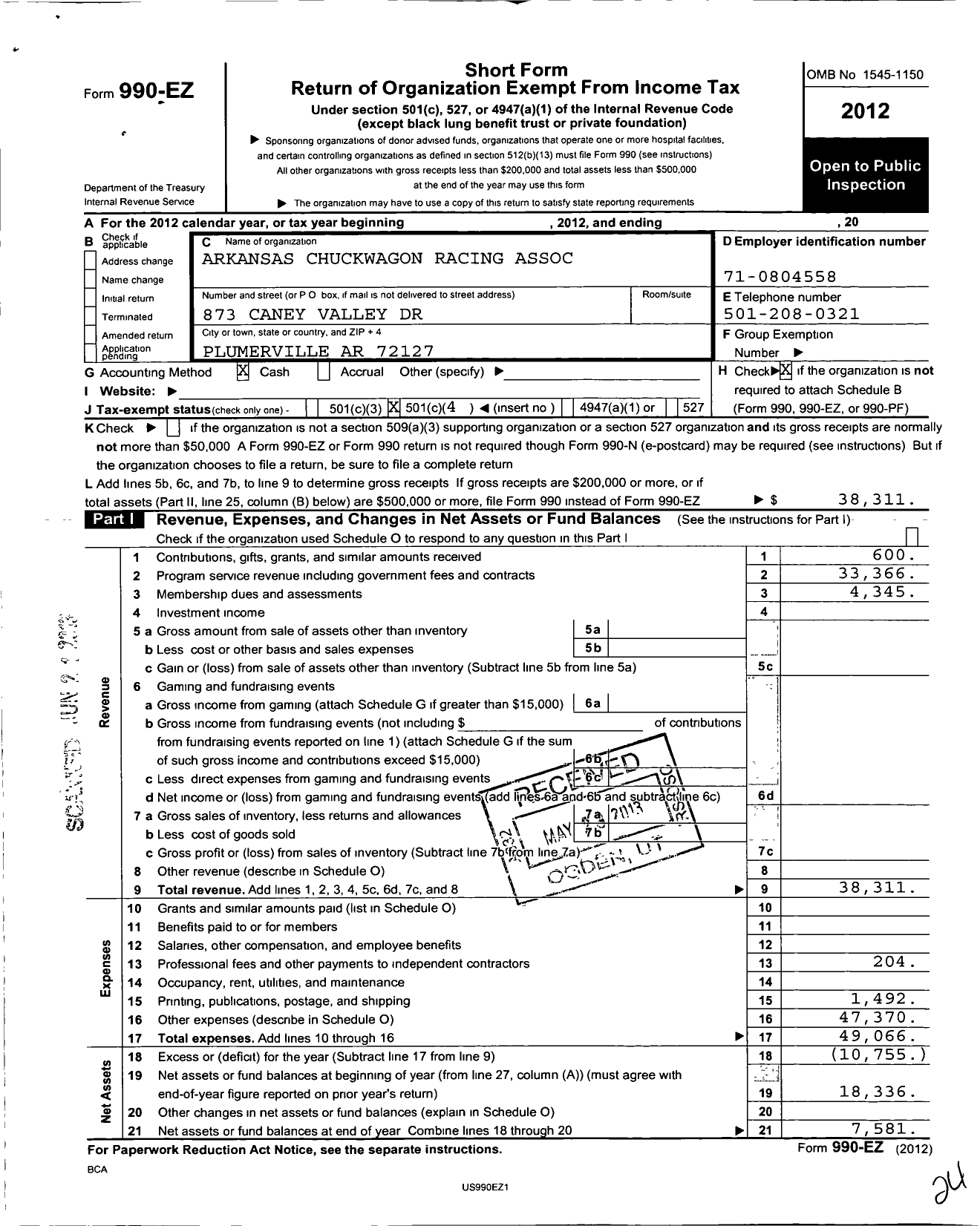 Image of first page of 2012 Form 990EO for Arkansas Chuckwagon Racing Association (ACWRA)