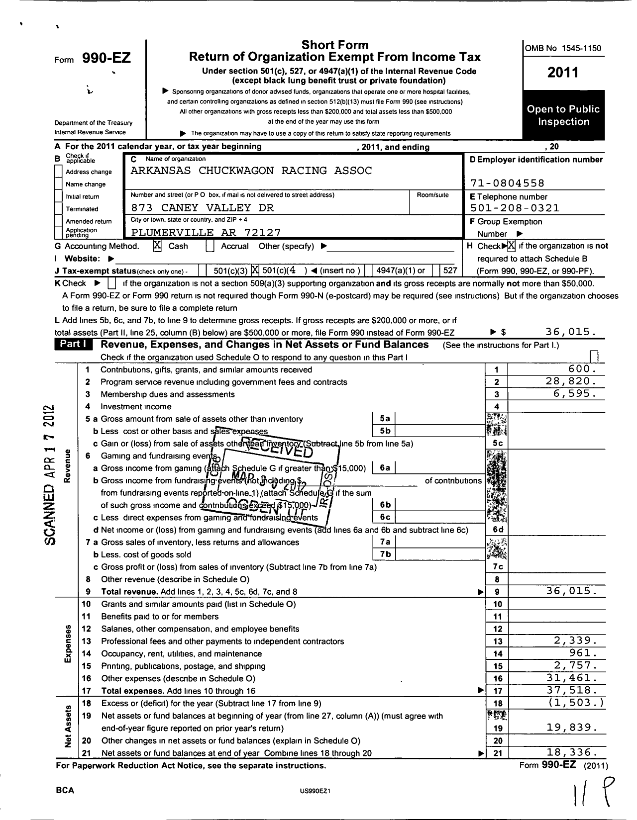 Image of first page of 2011 Form 990EO for Arkansas Chuckwagon Racing Association (ACWRA)