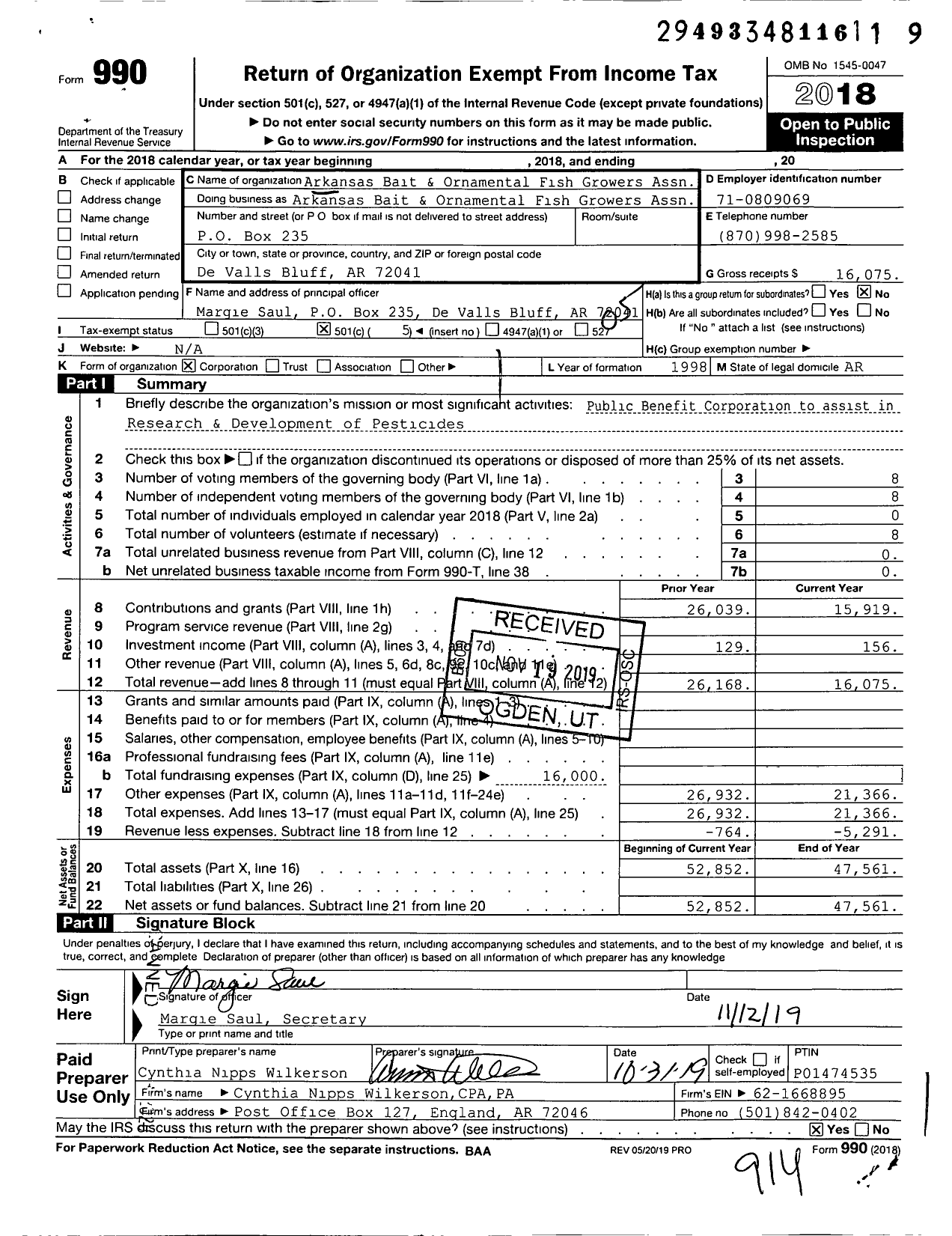 Image of first page of 2018 Form 990O for Arkansas Bait & Ornamental Fish Growers Assn