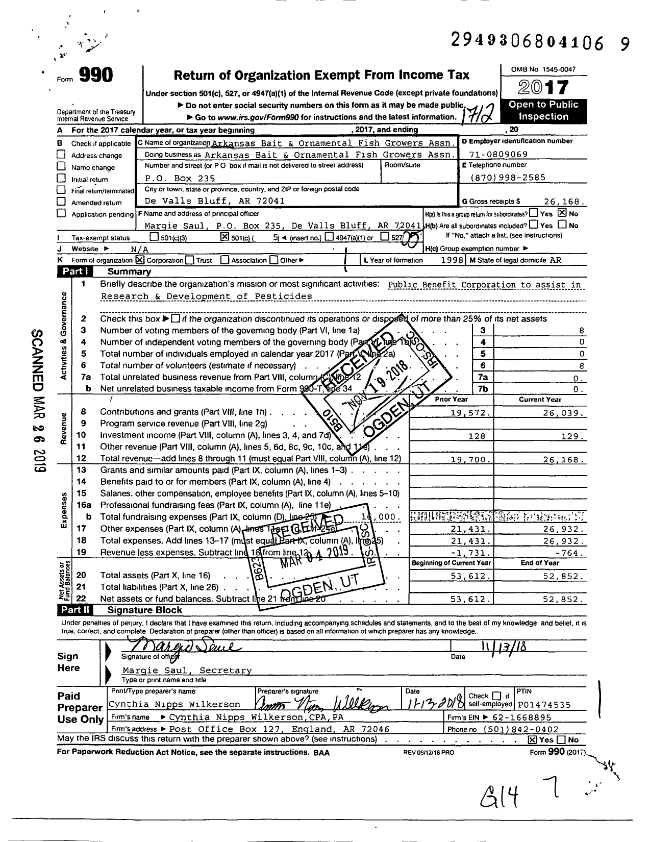 Image of first page of 2017 Form 990O for Arkansas Bait & Ornamental Fish Growers Assn