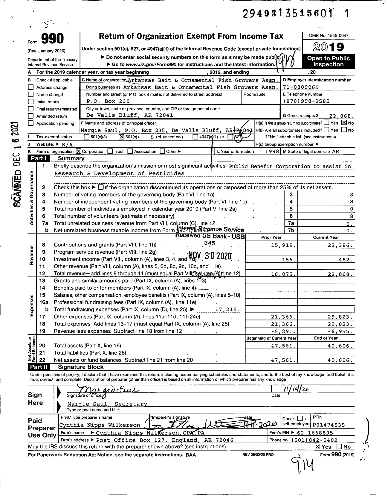 Image of first page of 2019 Form 990O for Arkansas Bait & Ornamental Fish Growers Assn