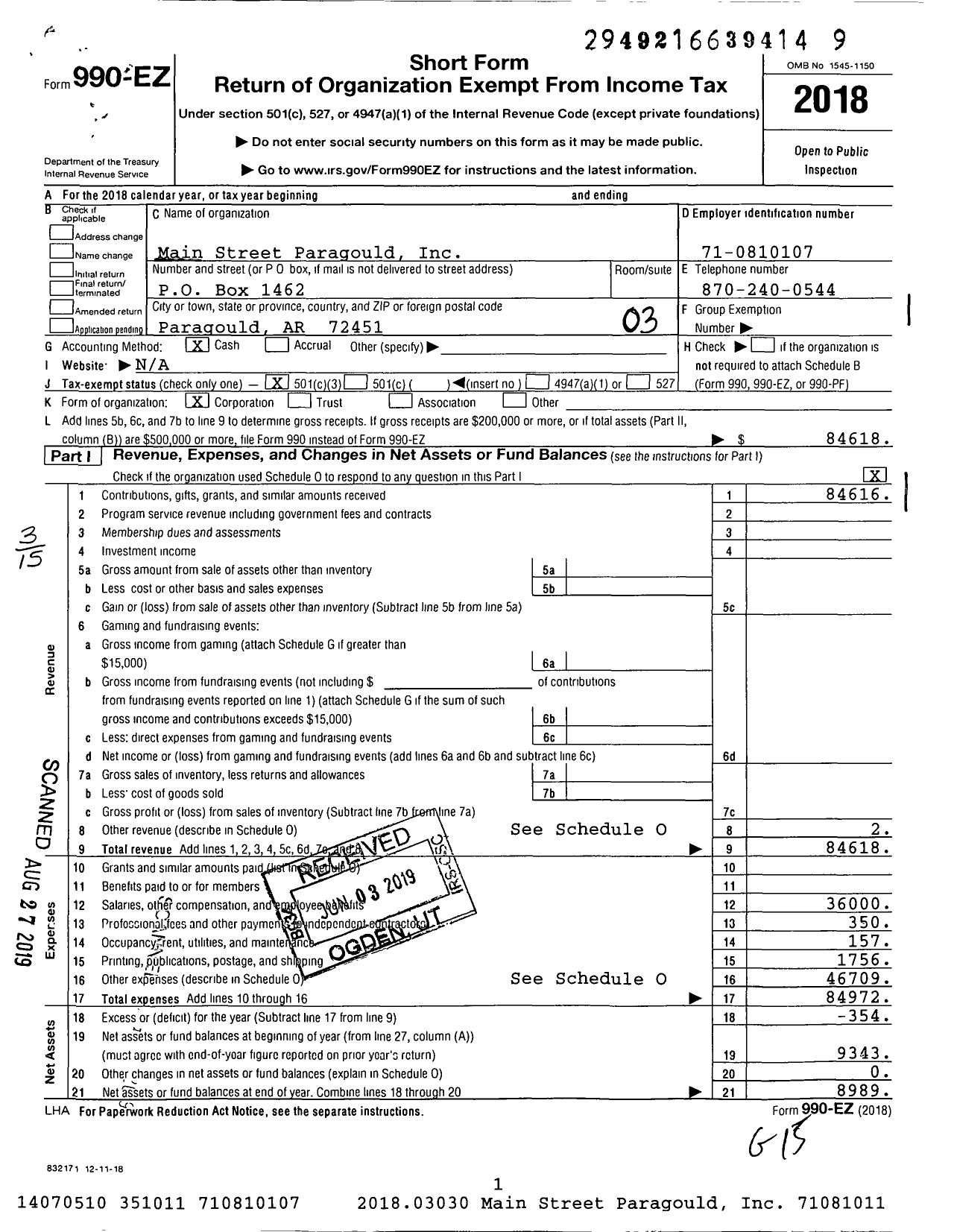 Image of first page of 2018 Form 990EZ for Main Street Paragould