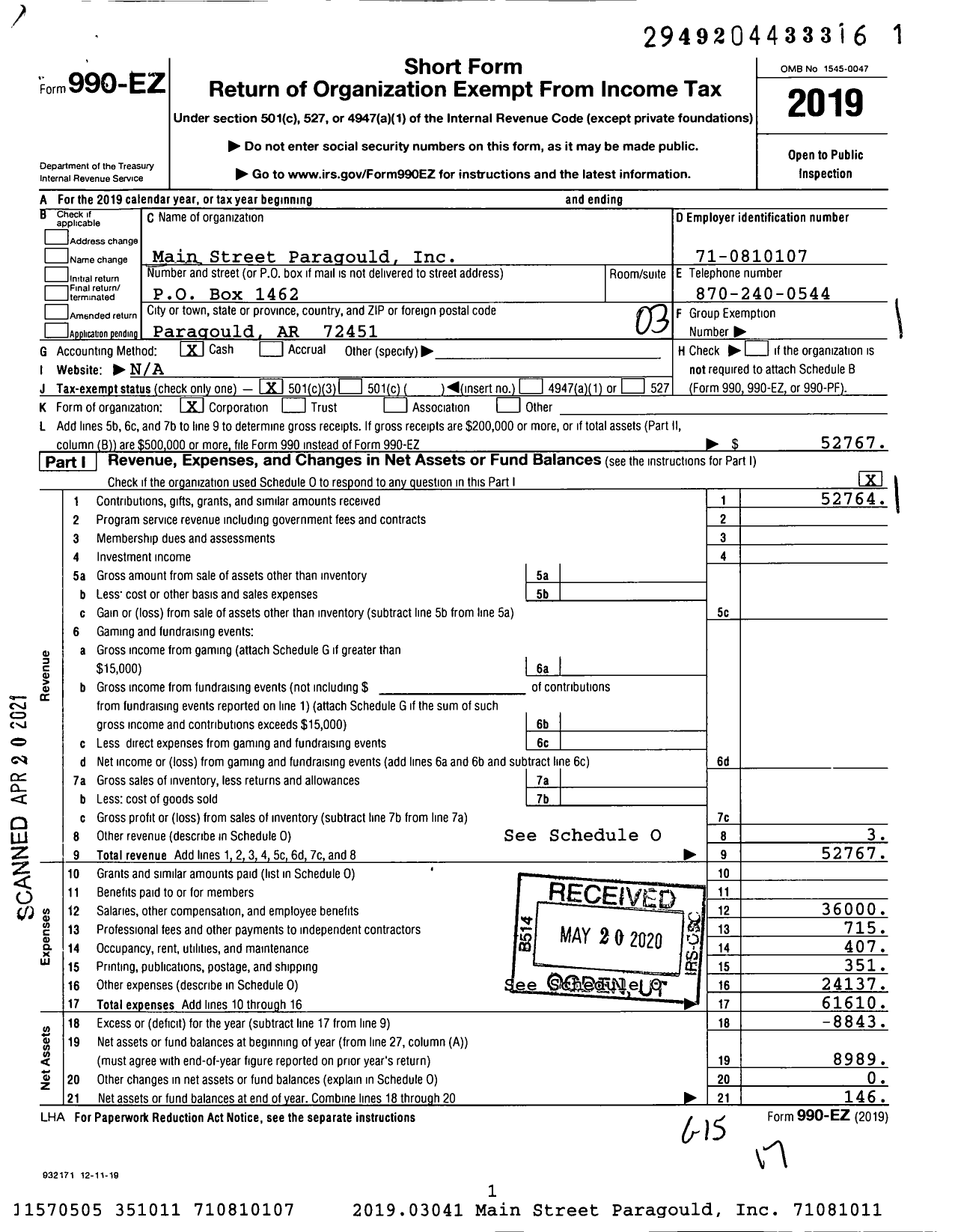 Image of first page of 2019 Form 990EZ for Main Street Paragould