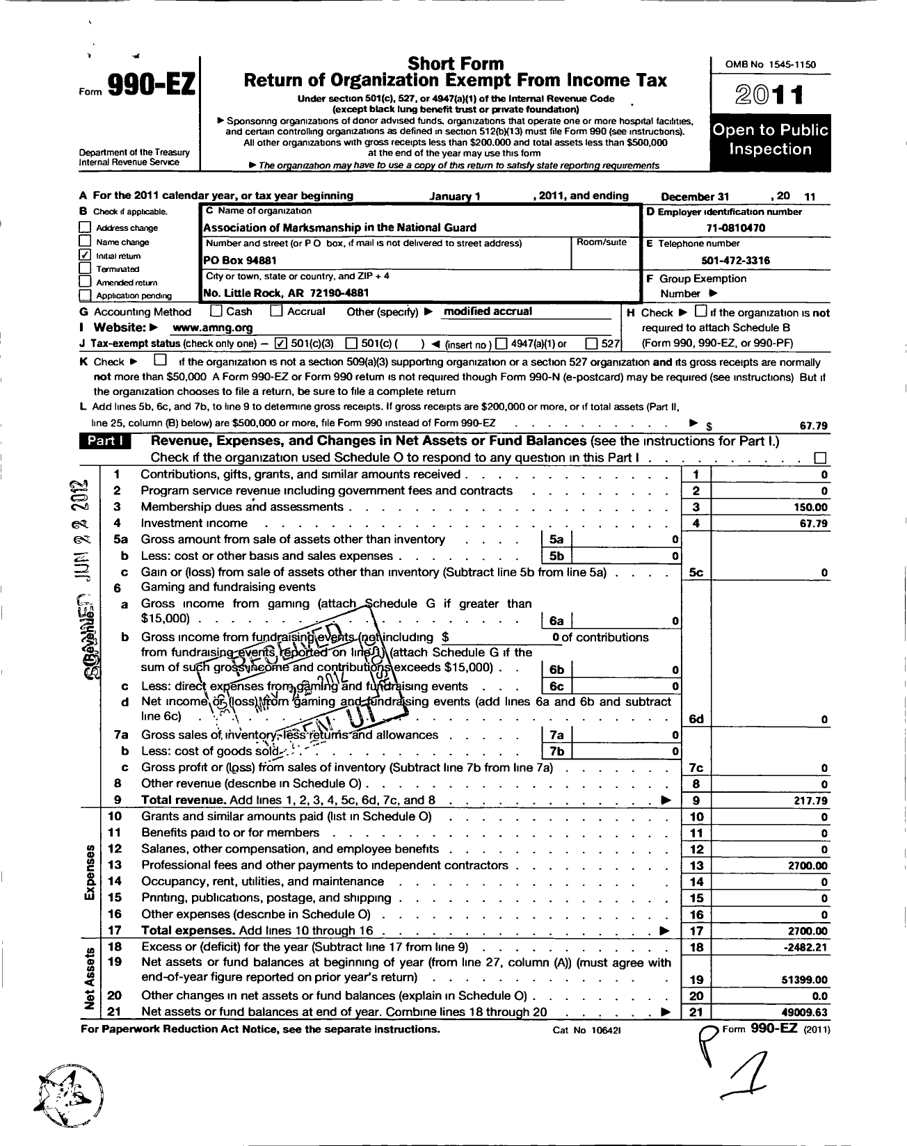 Image of first page of 2011 Form 990EZ for Association of Marksman in the National Guard