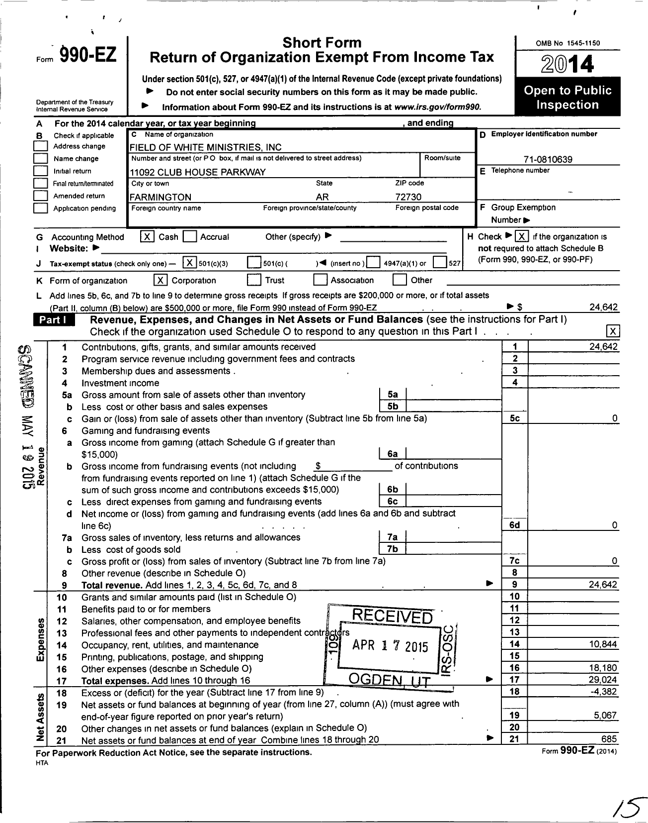 Image of first page of 2014 Form 990EZ for Field of White Ministries