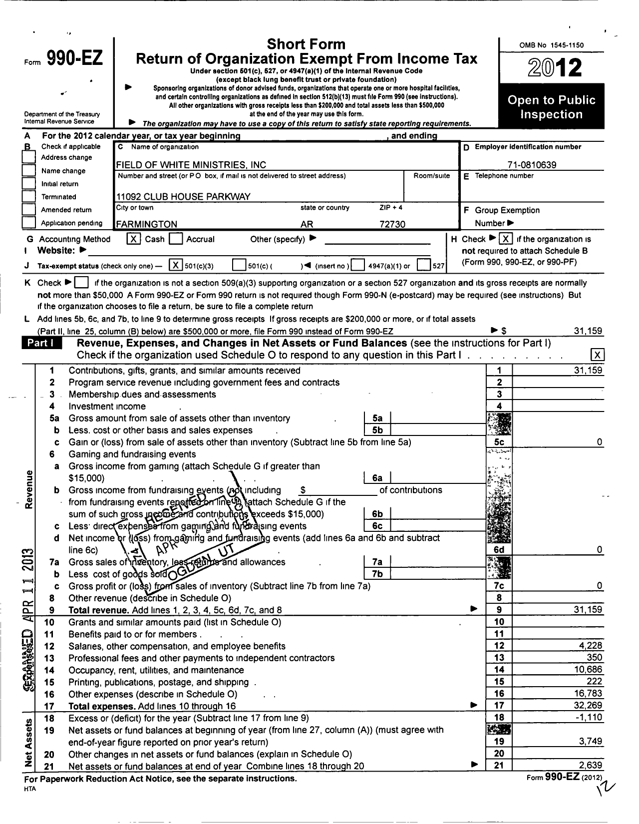 Image of first page of 2012 Form 990EZ for Field of White Ministries