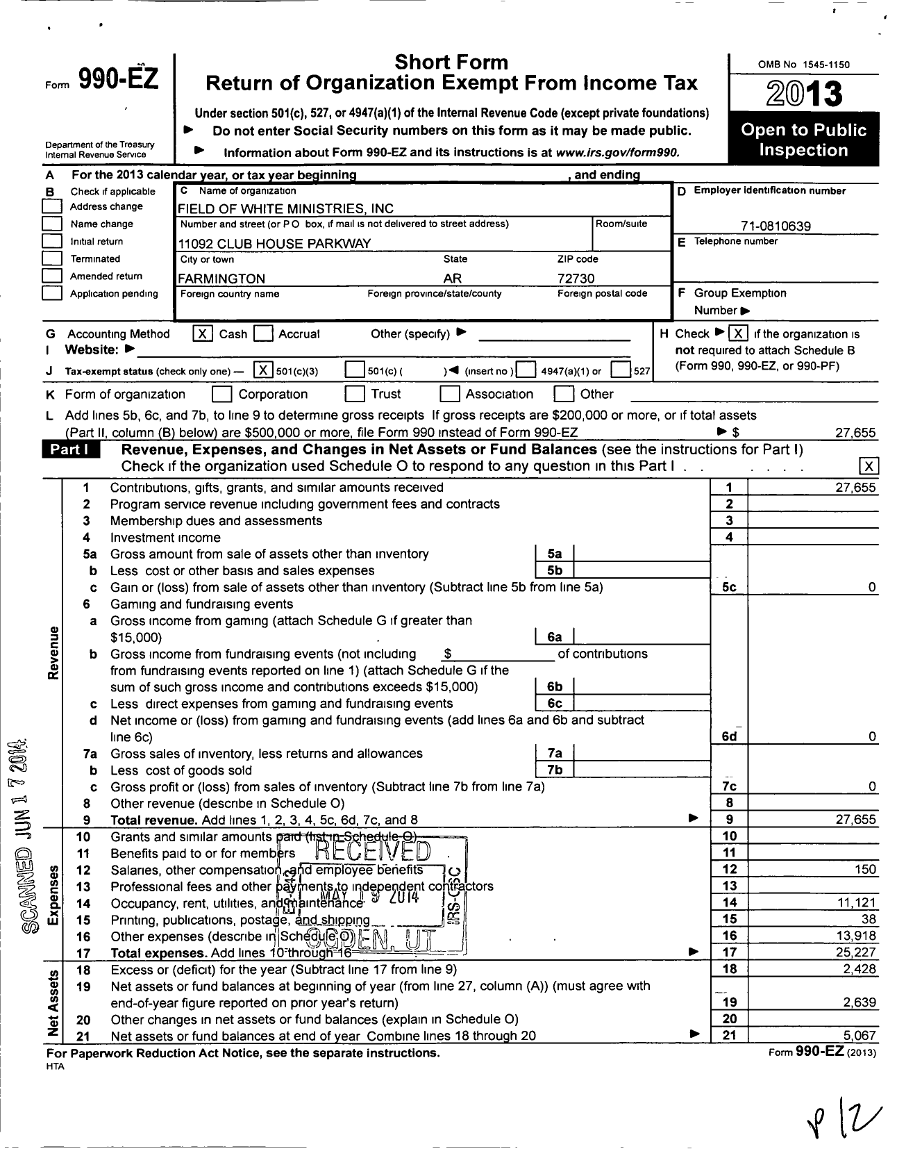 Image of first page of 2013 Form 990EZ for Field of White Ministries