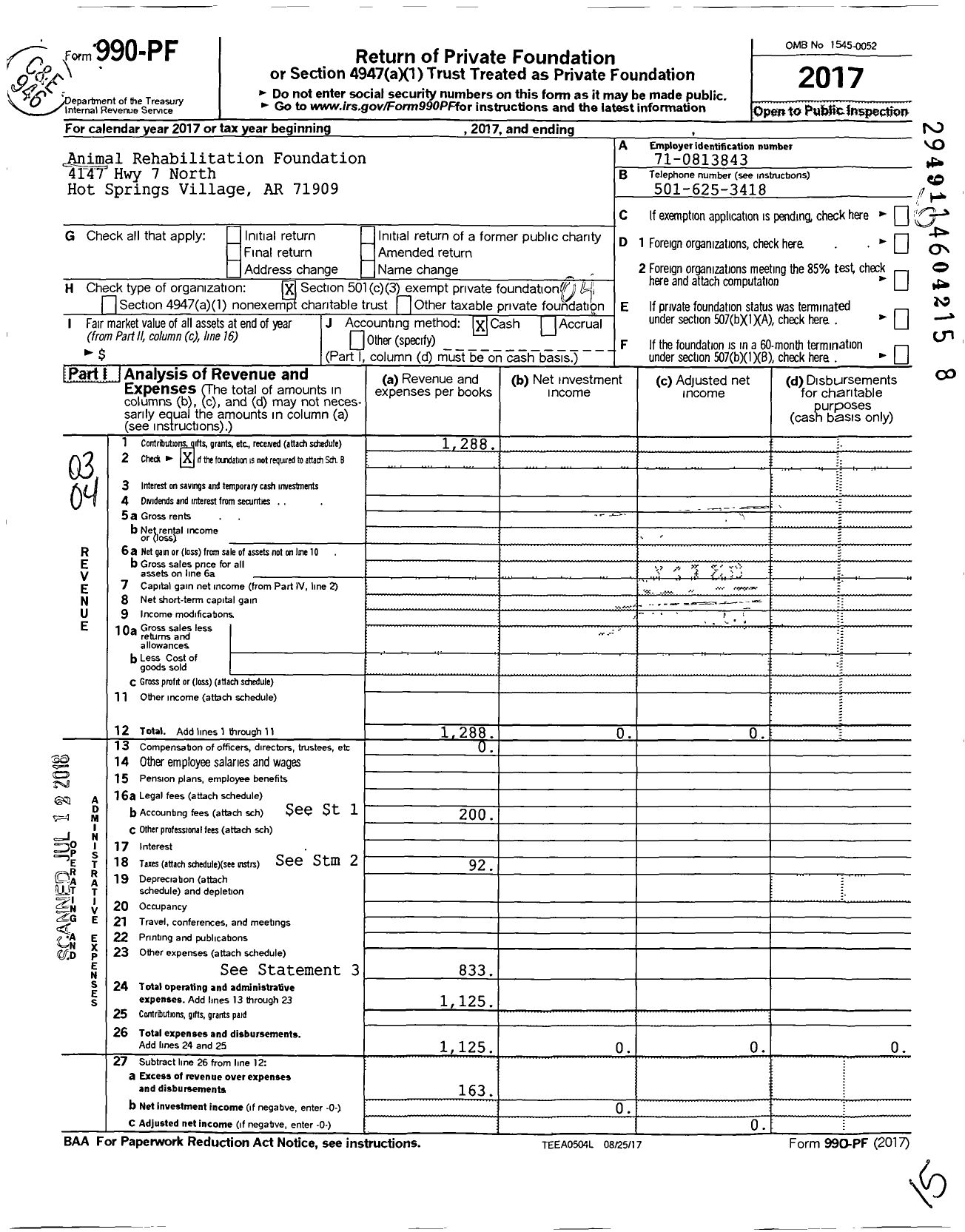 Image of first page of 2017 Form 990PF for Animal Rehabilitation Foundation