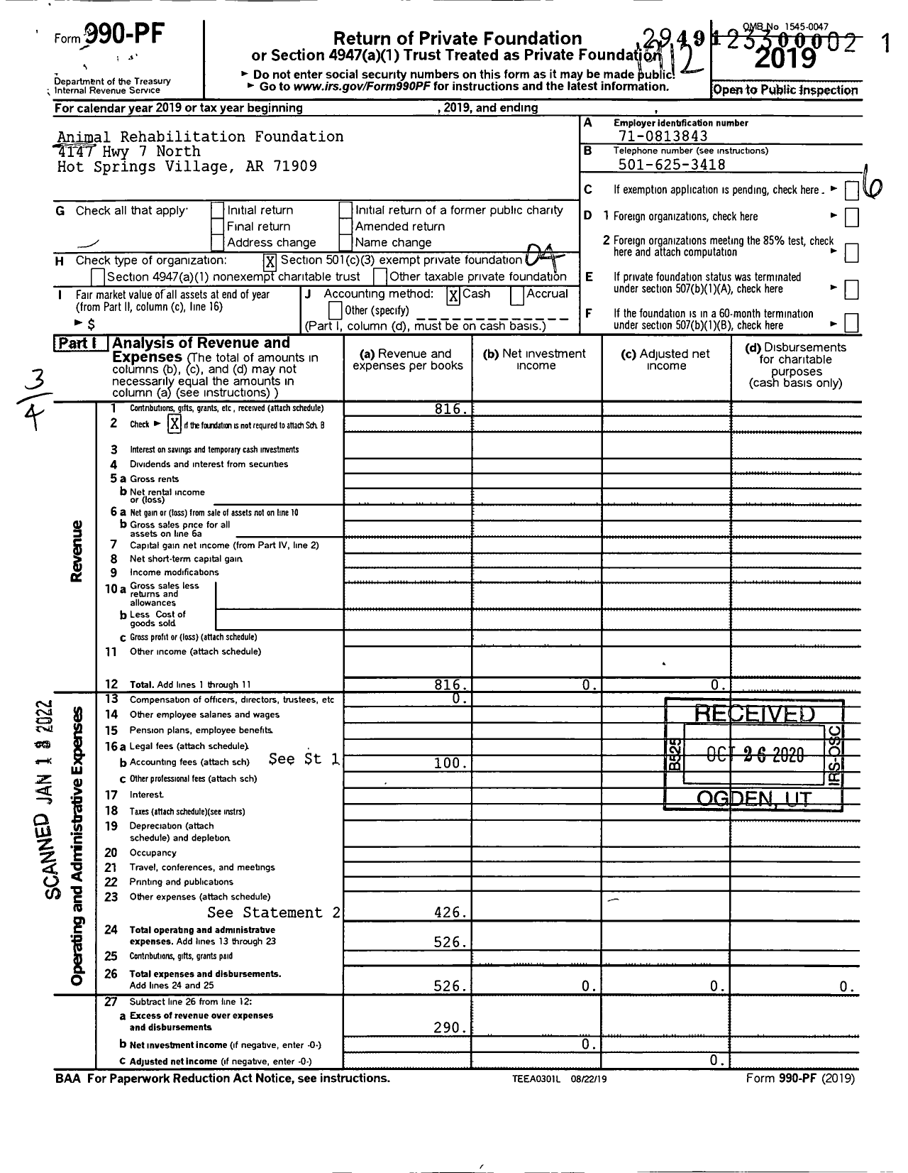 Image of first page of 2019 Form 990PF for Animal Rehabilitation Foundation