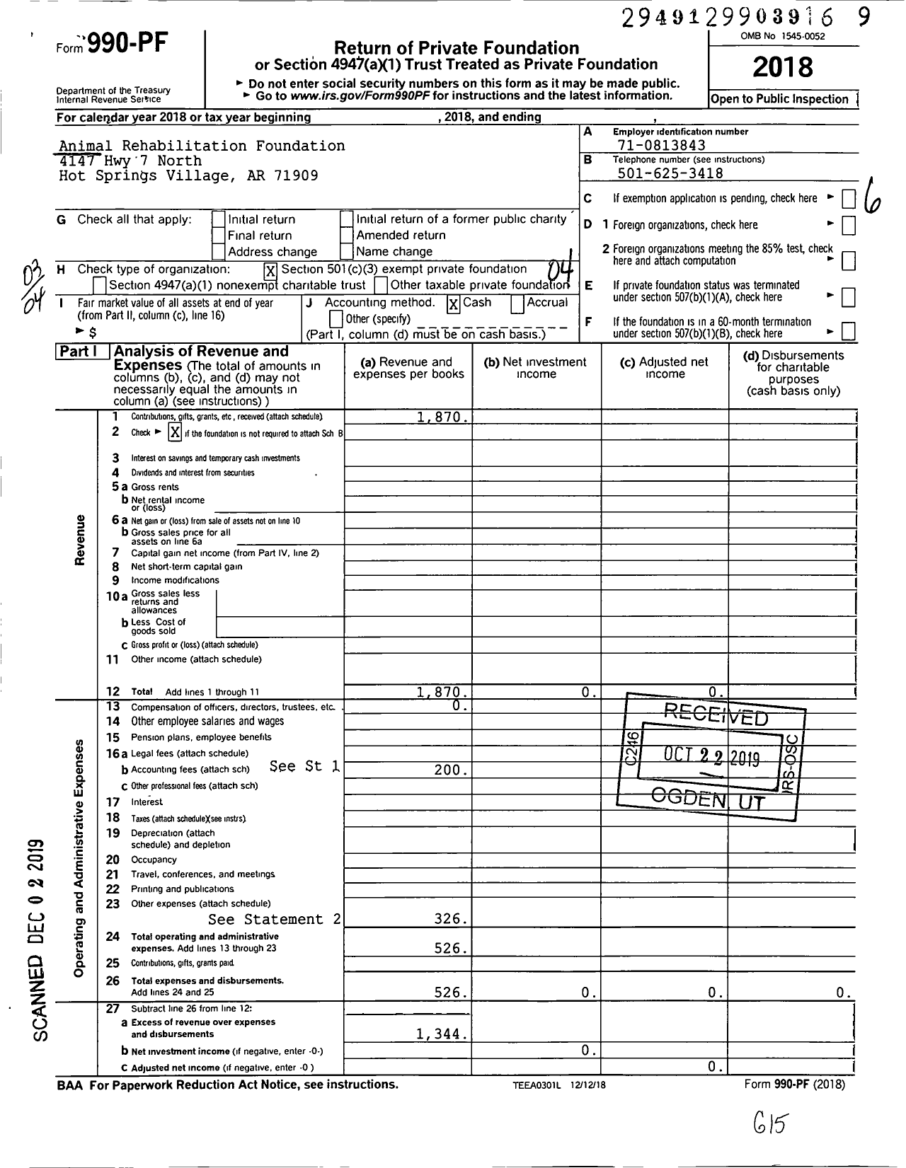 Image of first page of 2018 Form 990PF for Animal Rehabilitation Foundation