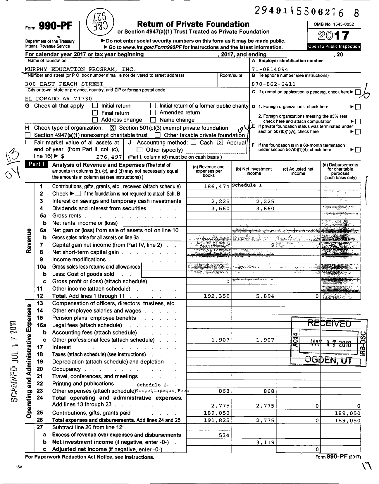 Image of first page of 2017 Form 990PF for Murphy Education Program