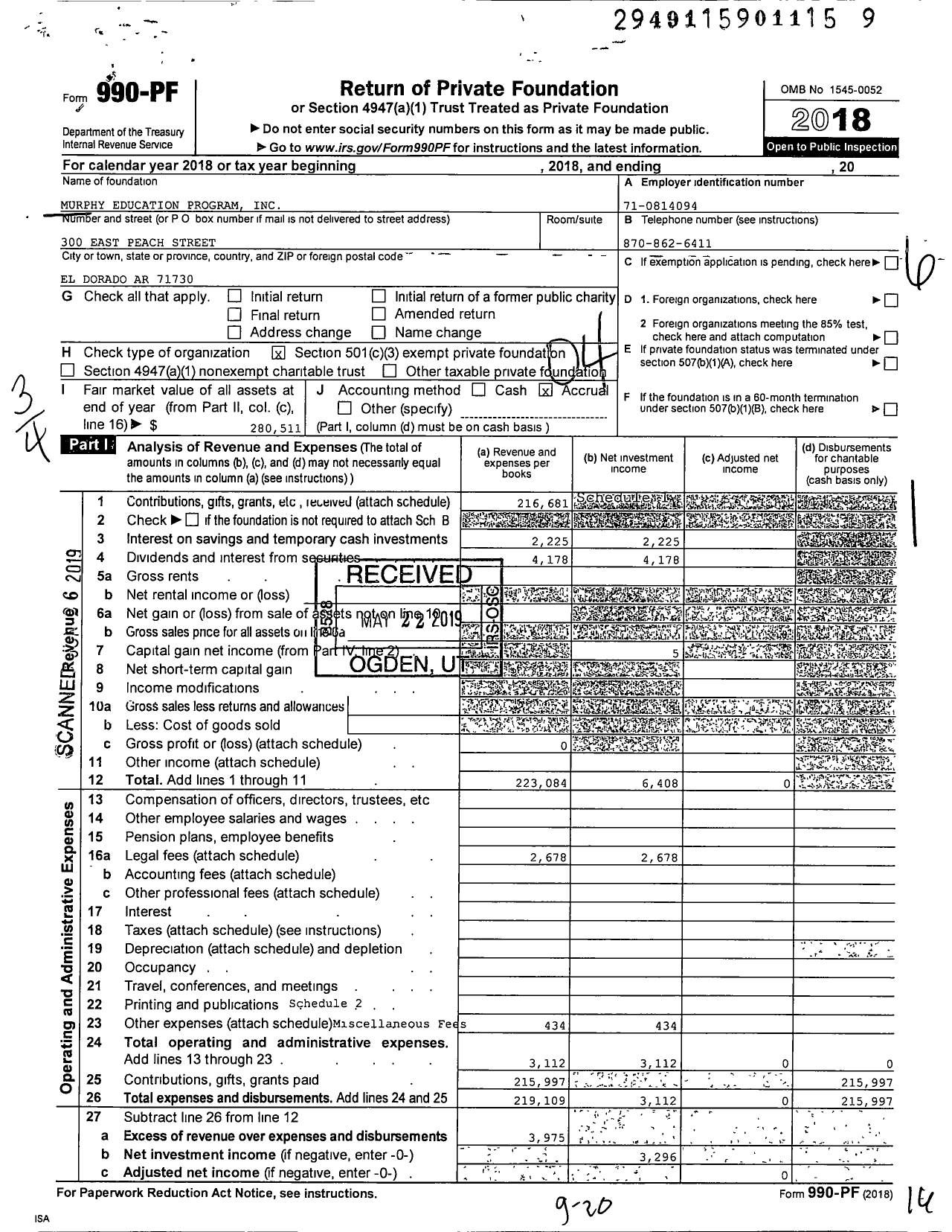 Image of first page of 2018 Form 990PF for Murphy Education Program