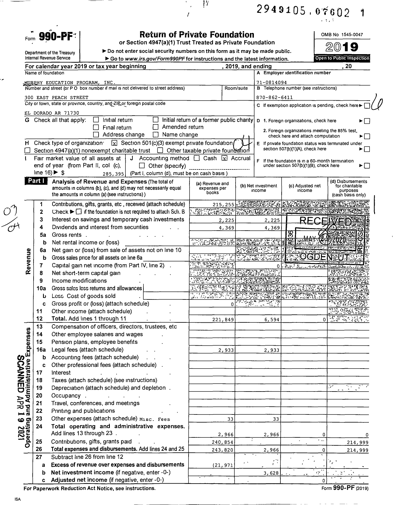 Image of first page of 2019 Form 990PF for Murphy Education Program