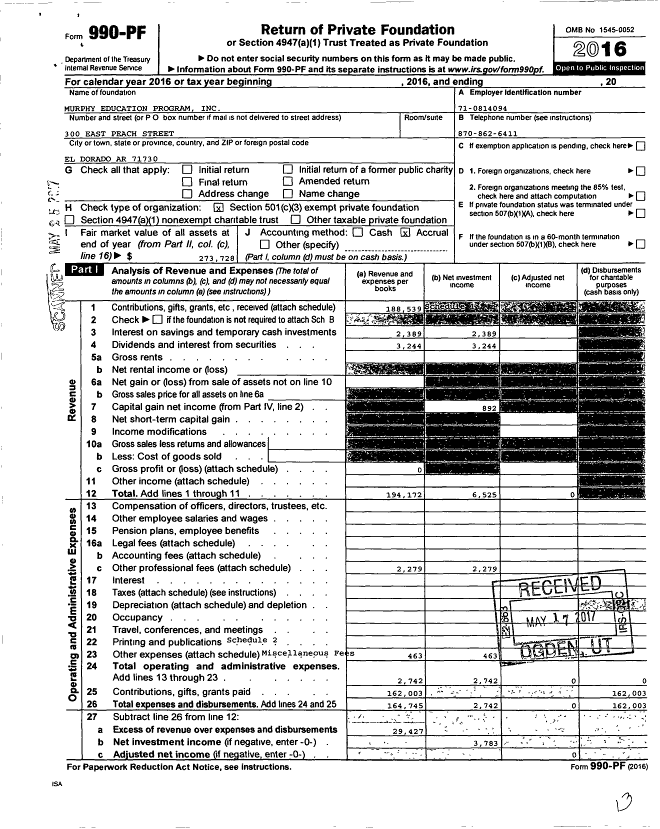 Image of first page of 2016 Form 990PF for Murphy Education Program