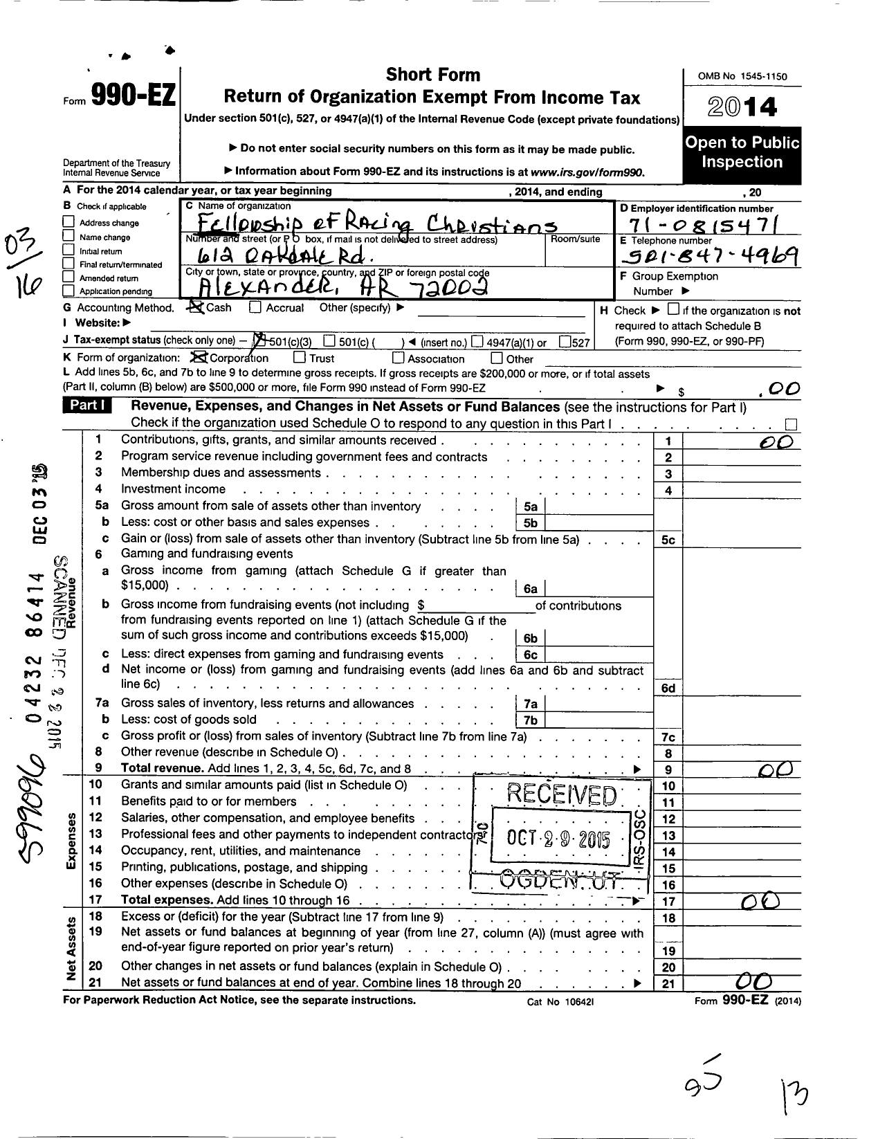 Image of first page of 2014 Form 990EZ for Fellowship of Racing Christians