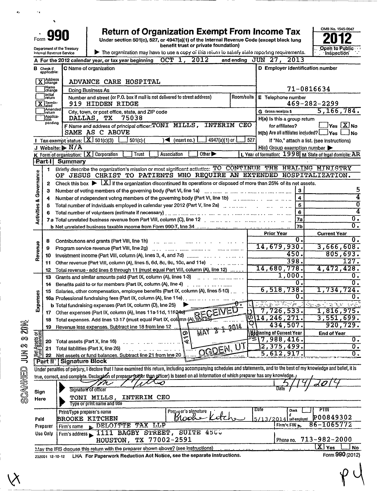 Image of first page of 2012 Form 990 for Advance Care Hospital