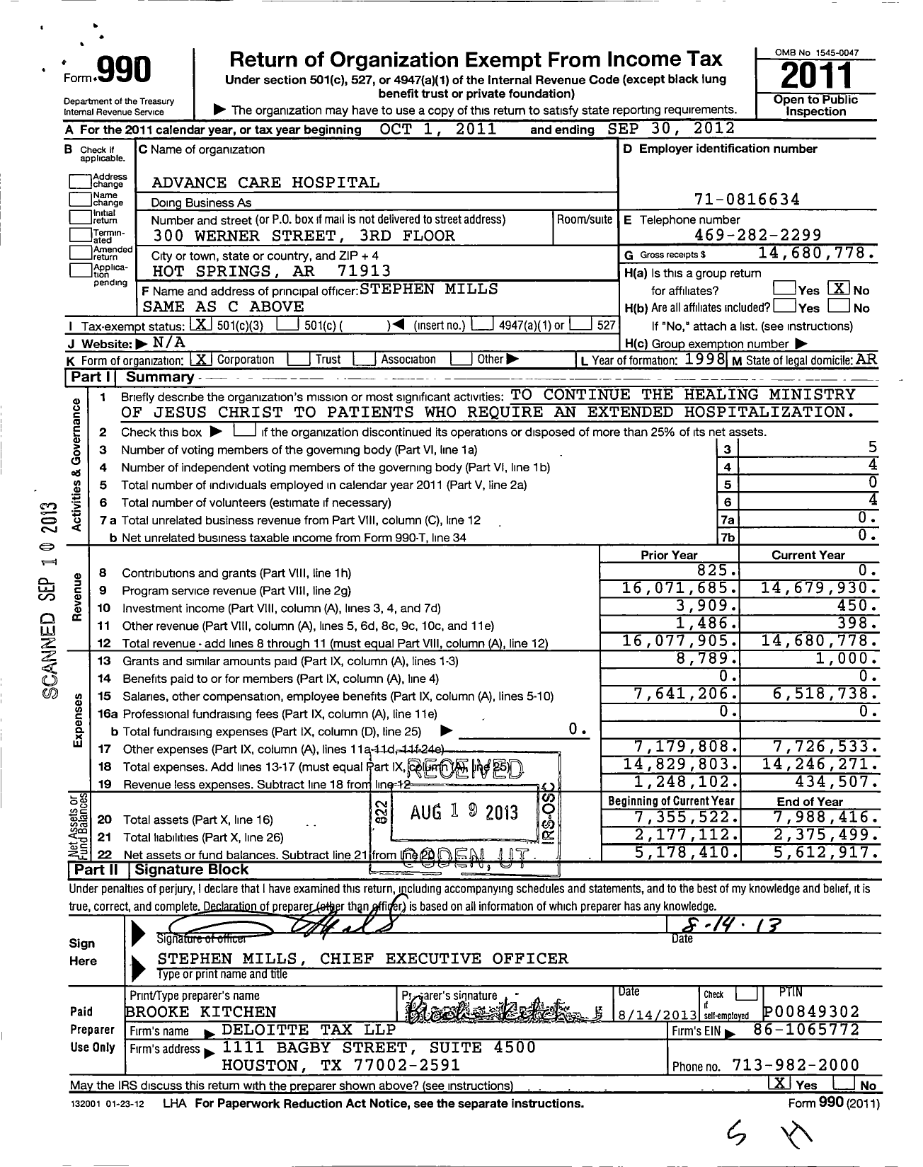 Image of first page of 2011 Form 990 for Advance Care Hospital