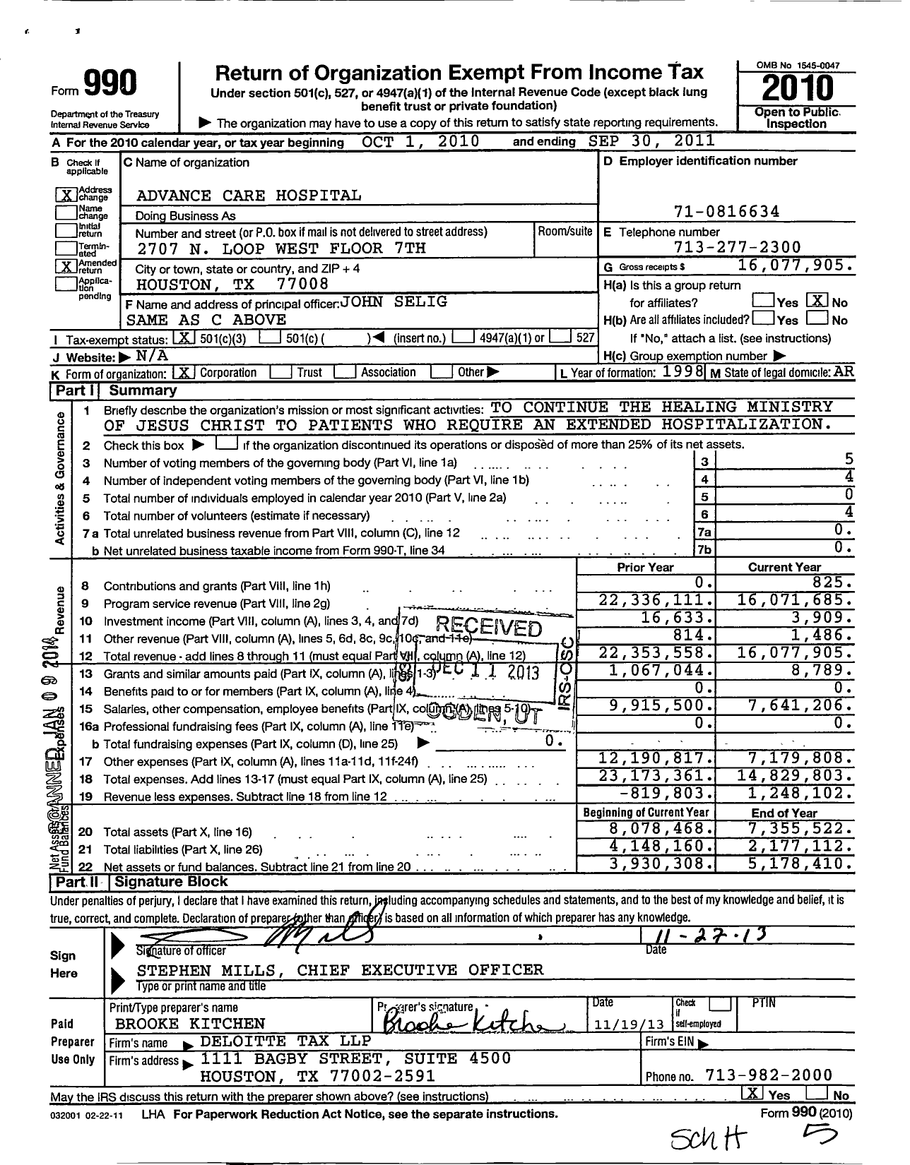 Image of first page of 2010 Form 990 for Advance Care Hospital