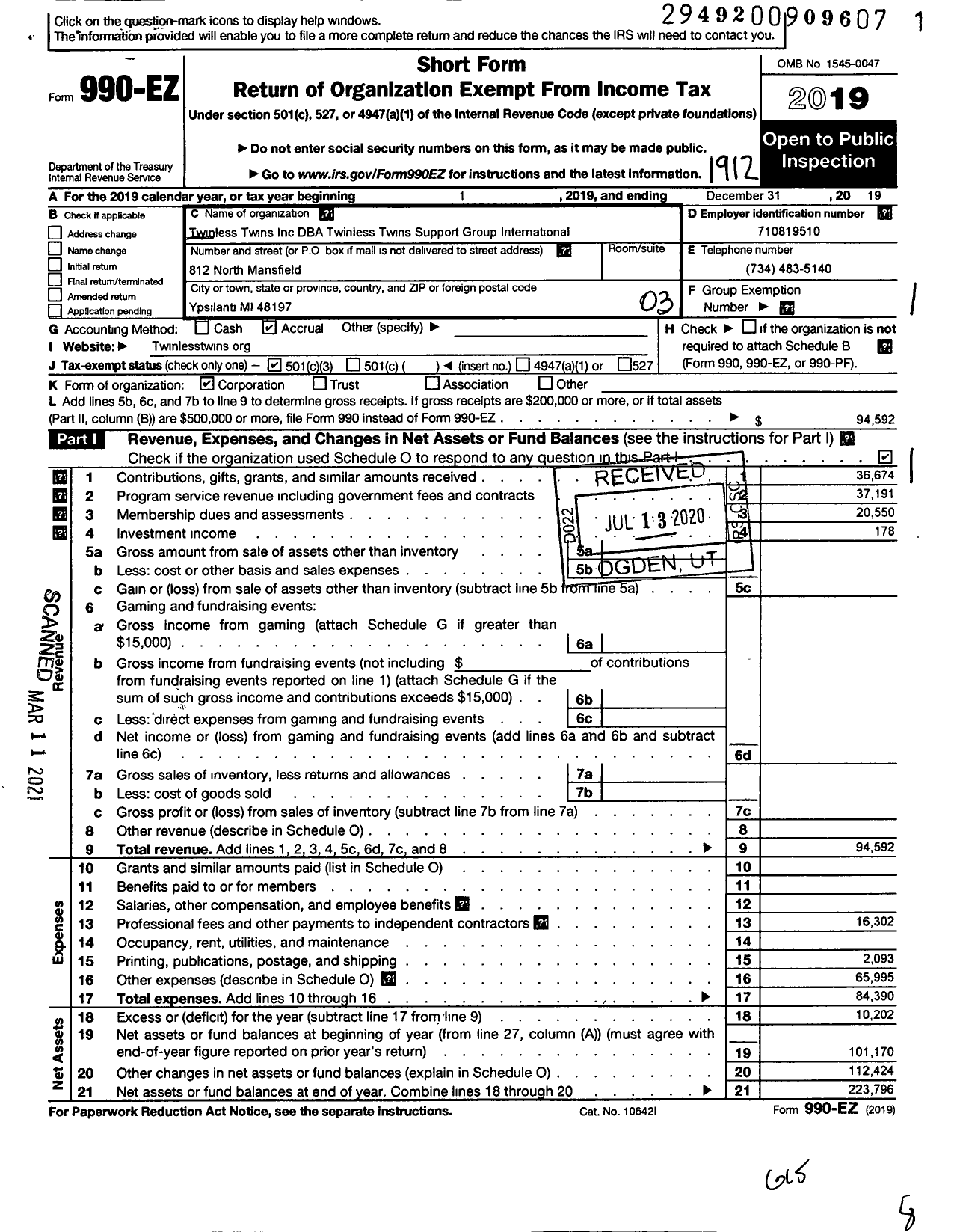 Image of first page of 2019 Form 990EZ for Twinless Twins Inc Twinless Twins Support Group Intern'l