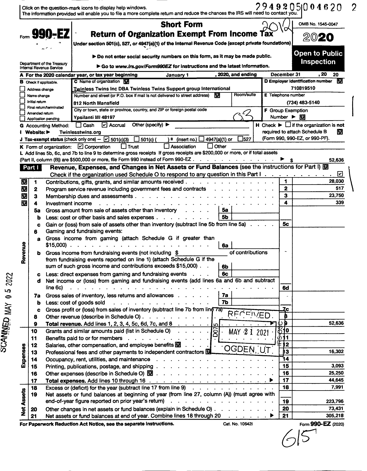 Image of first page of 2020 Form 990EZ for Twinless Twins Inc Twinless Twins Support Group Intern'l