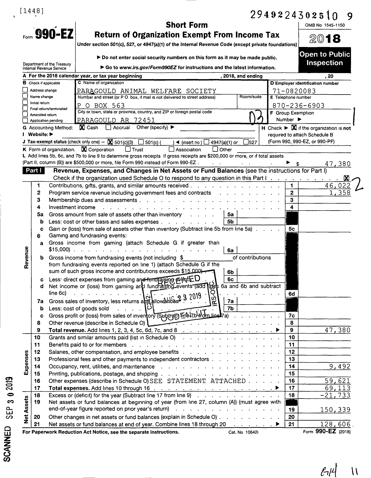 Image of first page of 2018 Form 990EZ for Paragould Animal Welfare Society (PAWS)