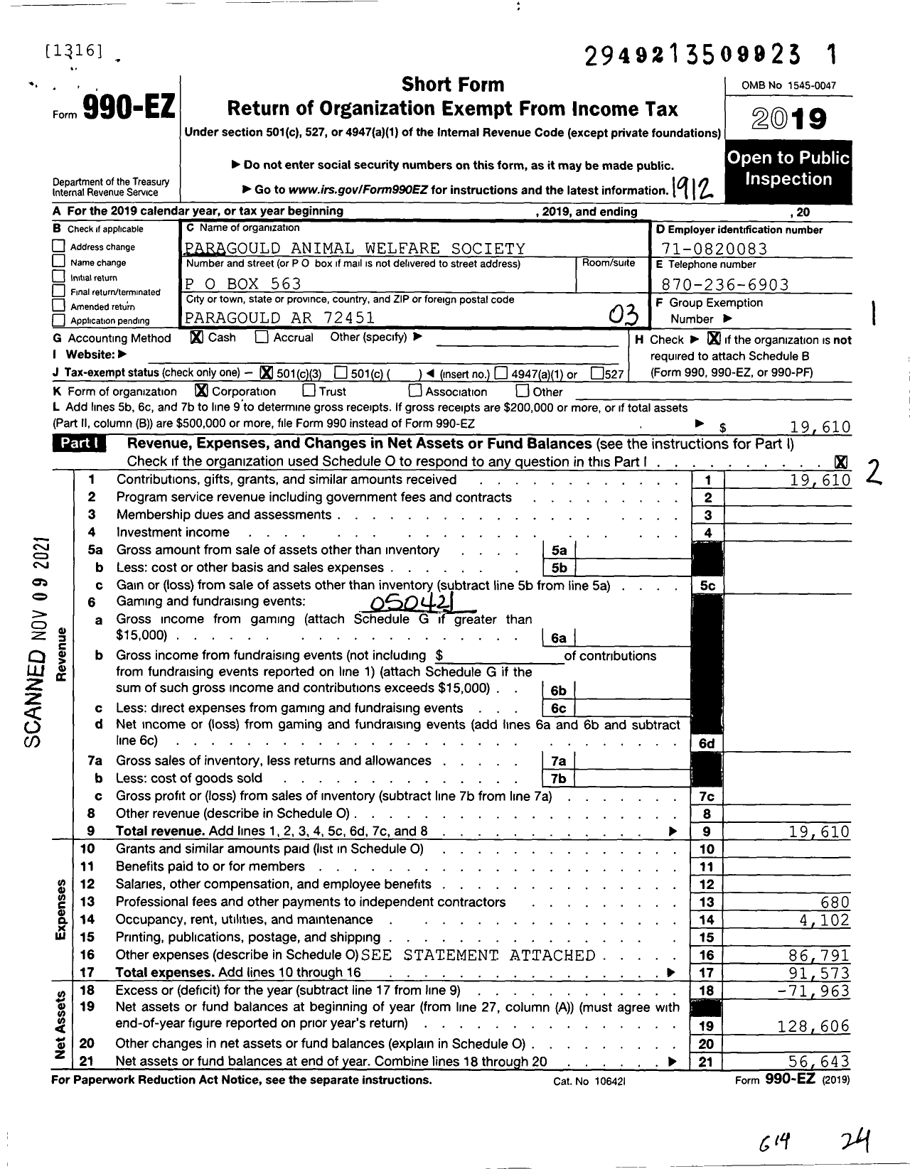 Image of first page of 2019 Form 990EZ for Paragould Animal Welfare Society (PAWS)