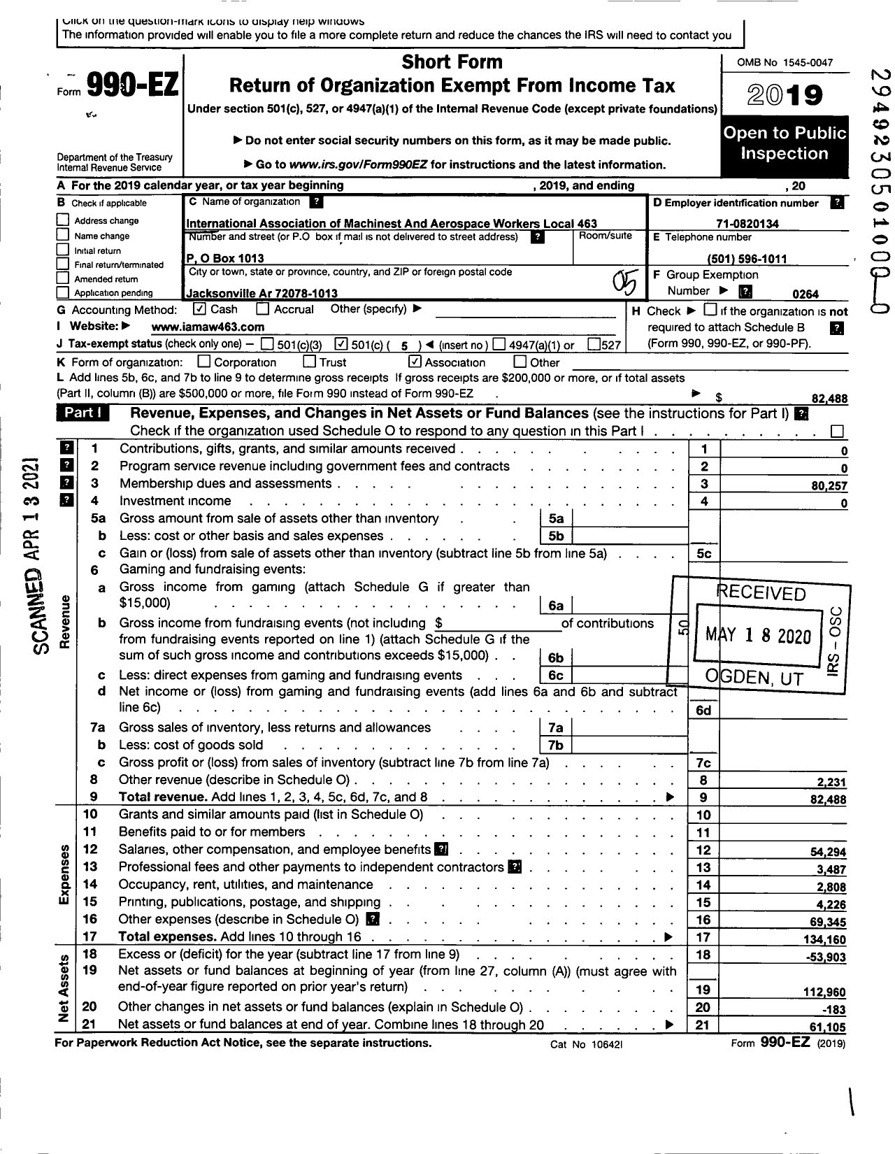 Image of first page of 2019 Form 990EO for International Association of Machinists and Aerospace Workers - 463 Local Lodge Lrab
