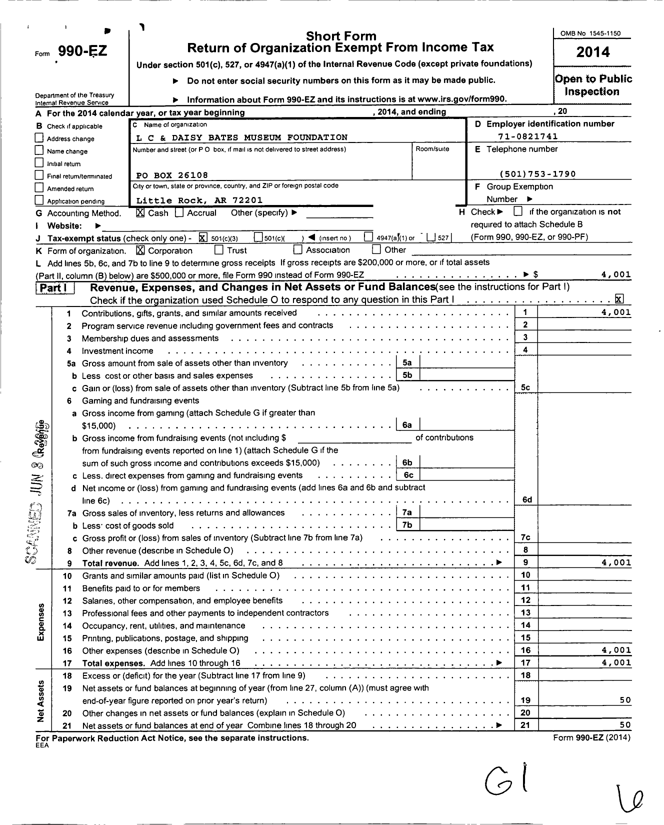 Image of first page of 2014 Form 990EZ for L C and Daisy Bates Museum Foundation