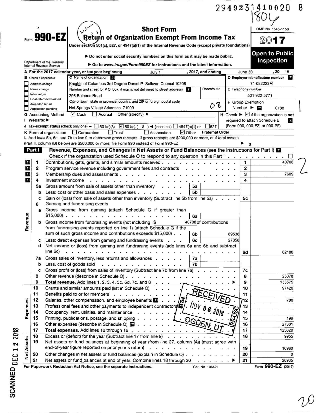 Image of first page of 2017 Form 990EO for Knights of Columbus - 10208 Daniel Patrick Sullivan CNCL