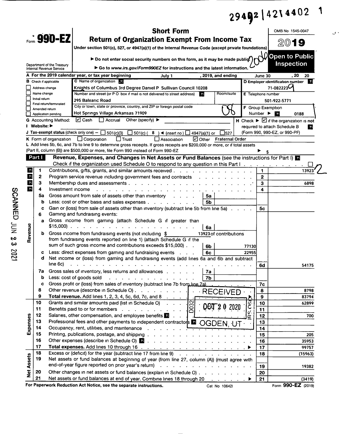 Image of first page of 2019 Form 990EO for Knights of Columbus - 10208 Daniel Patrick Sullivan CNCL