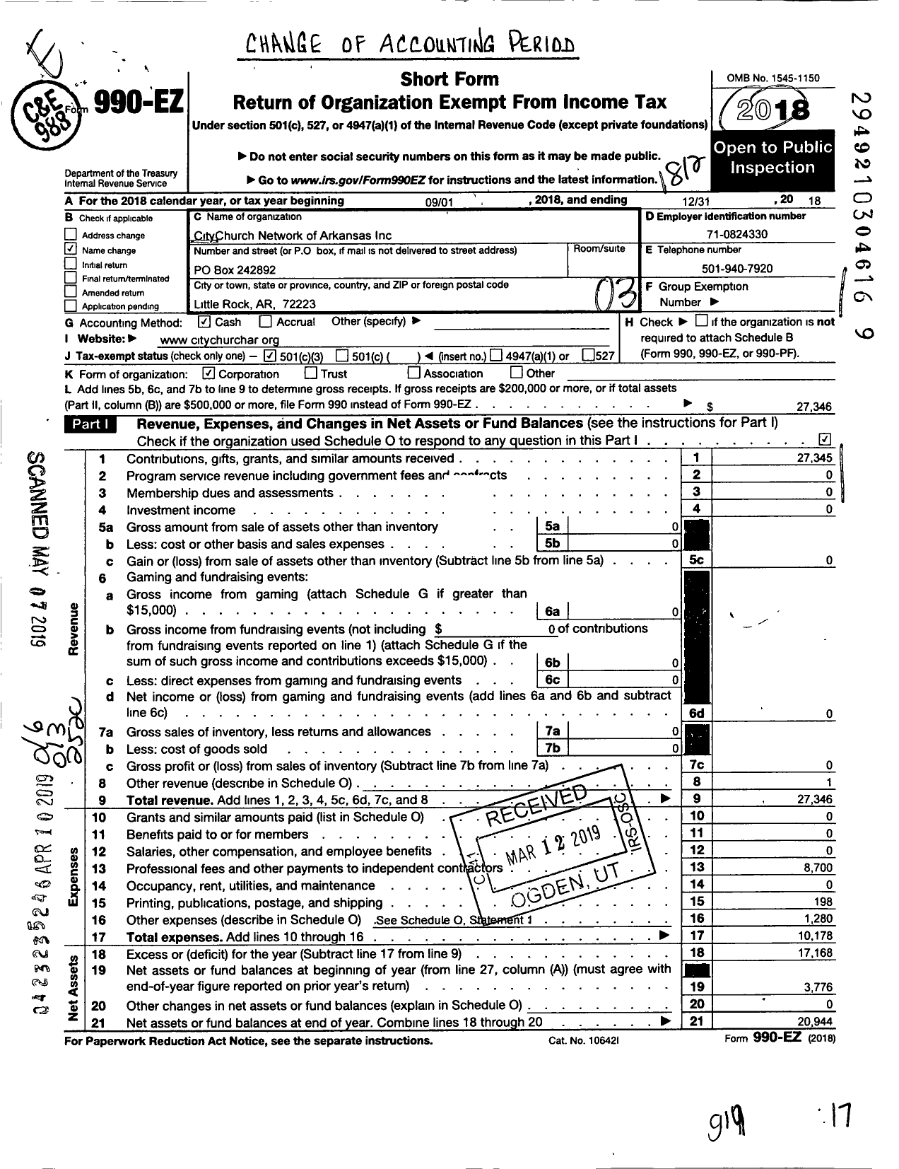 Image of first page of 2018 Form 990EZ for City Church Network Of Arkansas