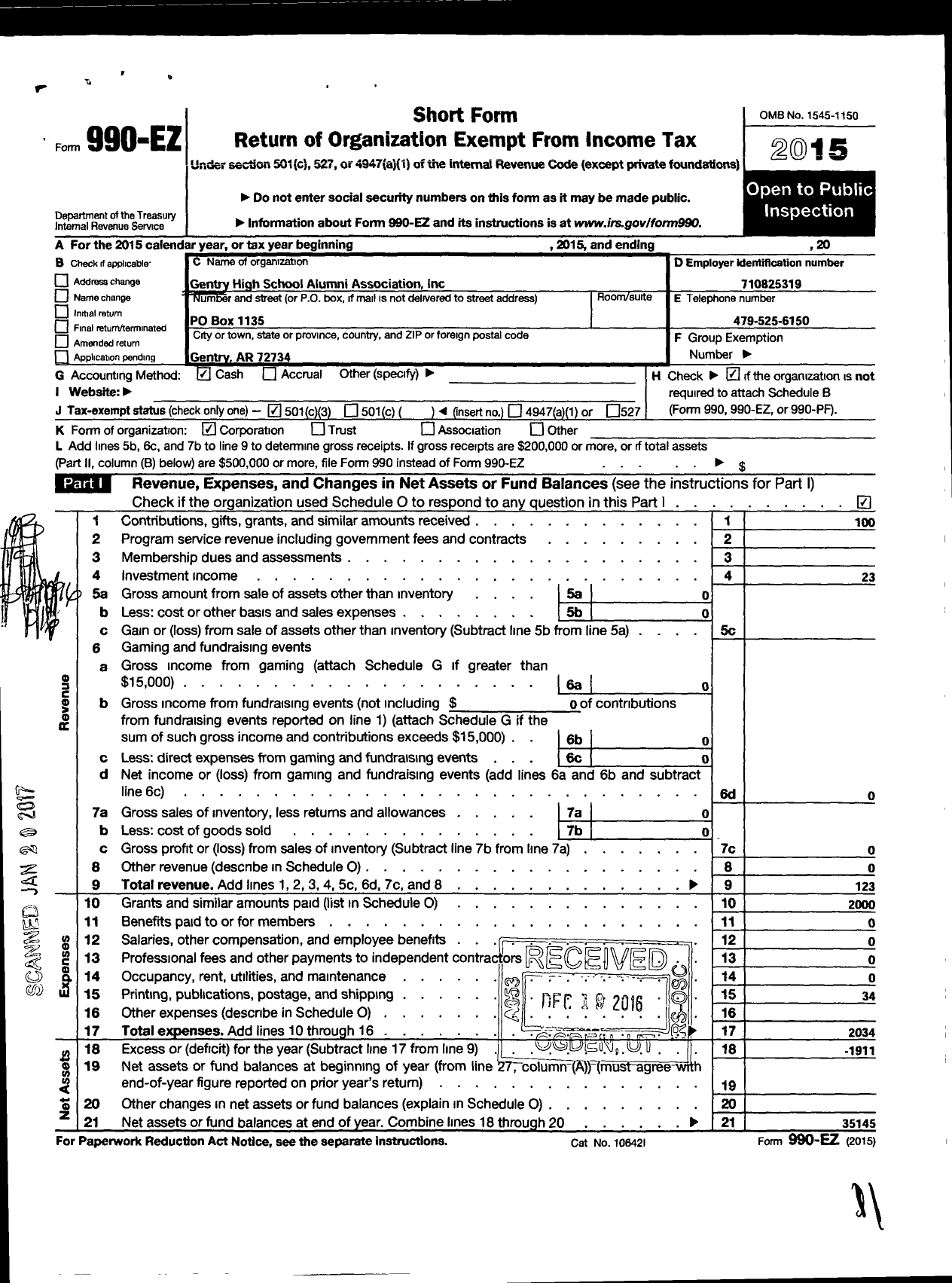 Image of first page of 2015 Form 990EZ for Gentry High School Alumni Association