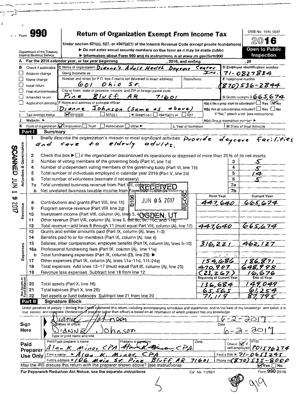 Image of first page of 2016 Form 990 for Diannes Adult Health Daycare Center