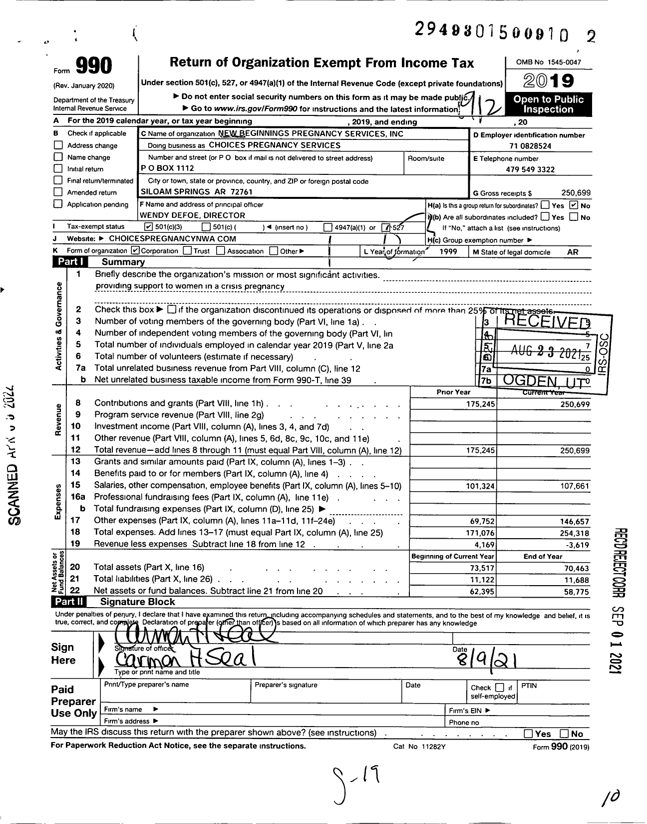 Image of first page of 2019 Form 990 for New Beginnings Pregnancy Services