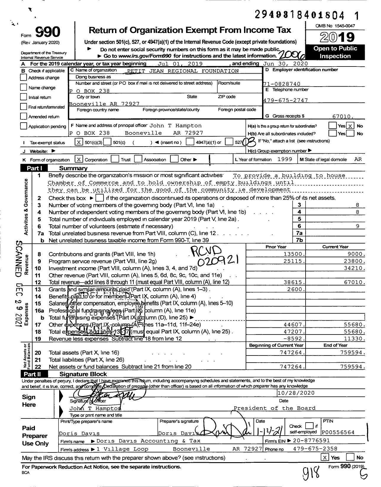 Image of first page of 2019 Form 990 for Petit Jean Regional Foundation