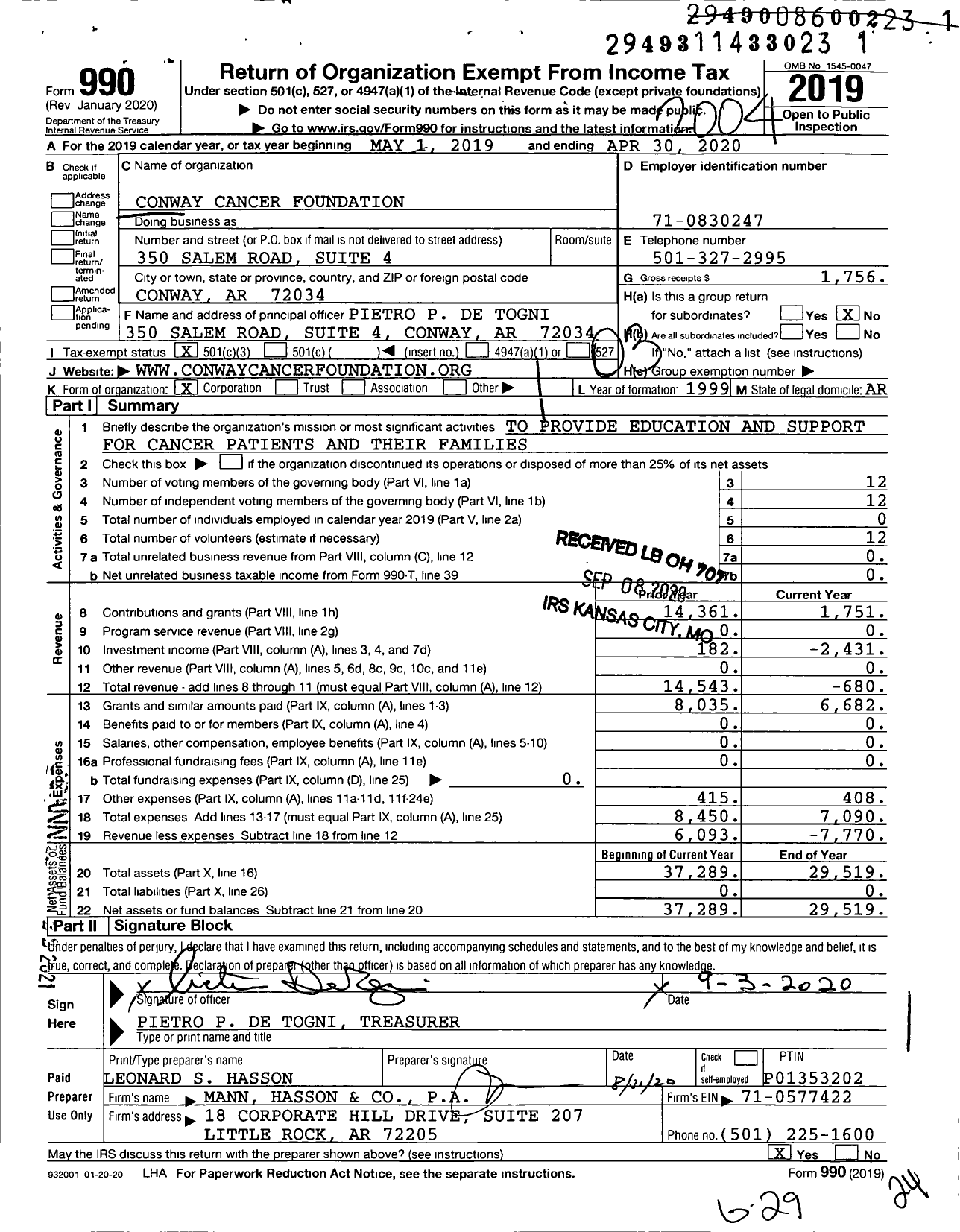 Image of first page of 2019 Form 990 for Conway Cancer Foundation