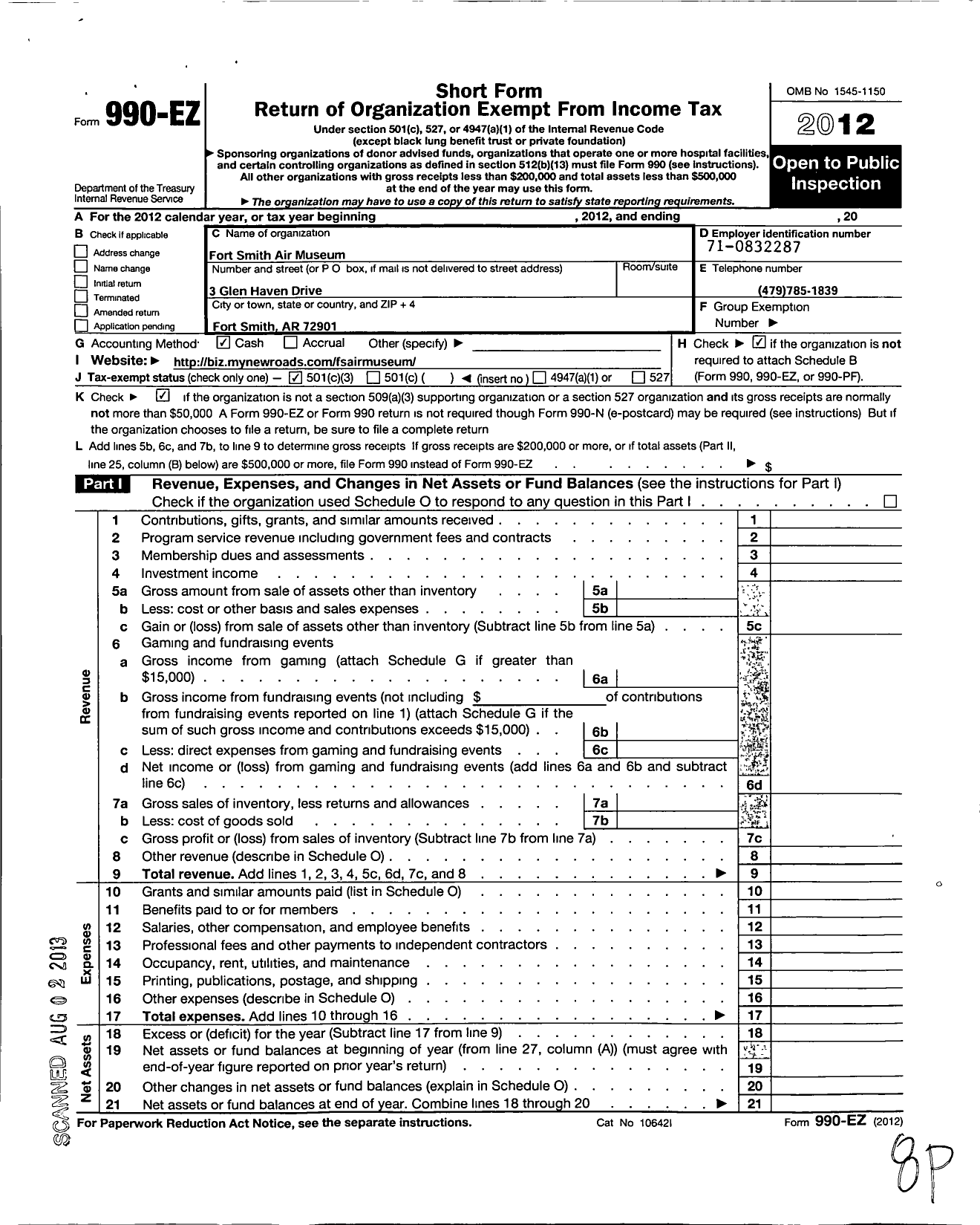 Image of first page of 2012 Form 990EZ for Fort Smith Air Museum