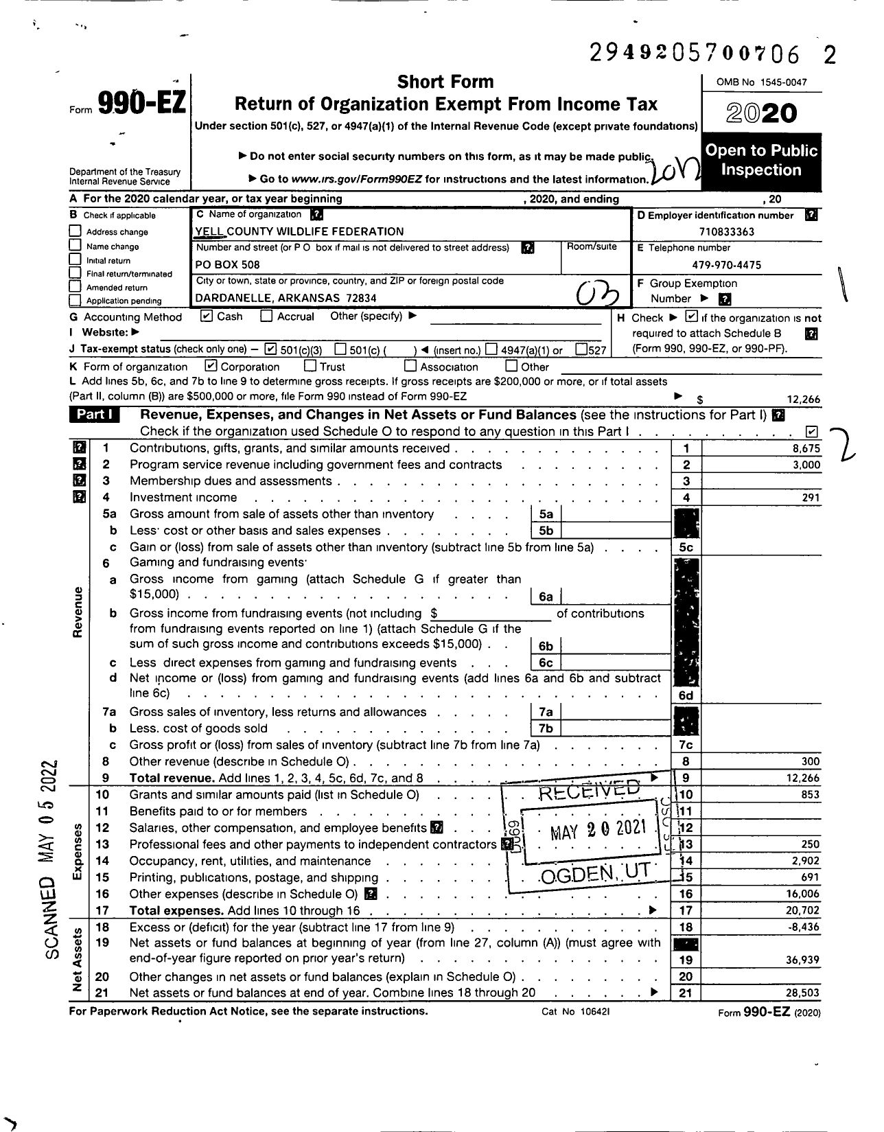 Image of first page of 2020 Form 990EZ for Yell County Wildlife Federation