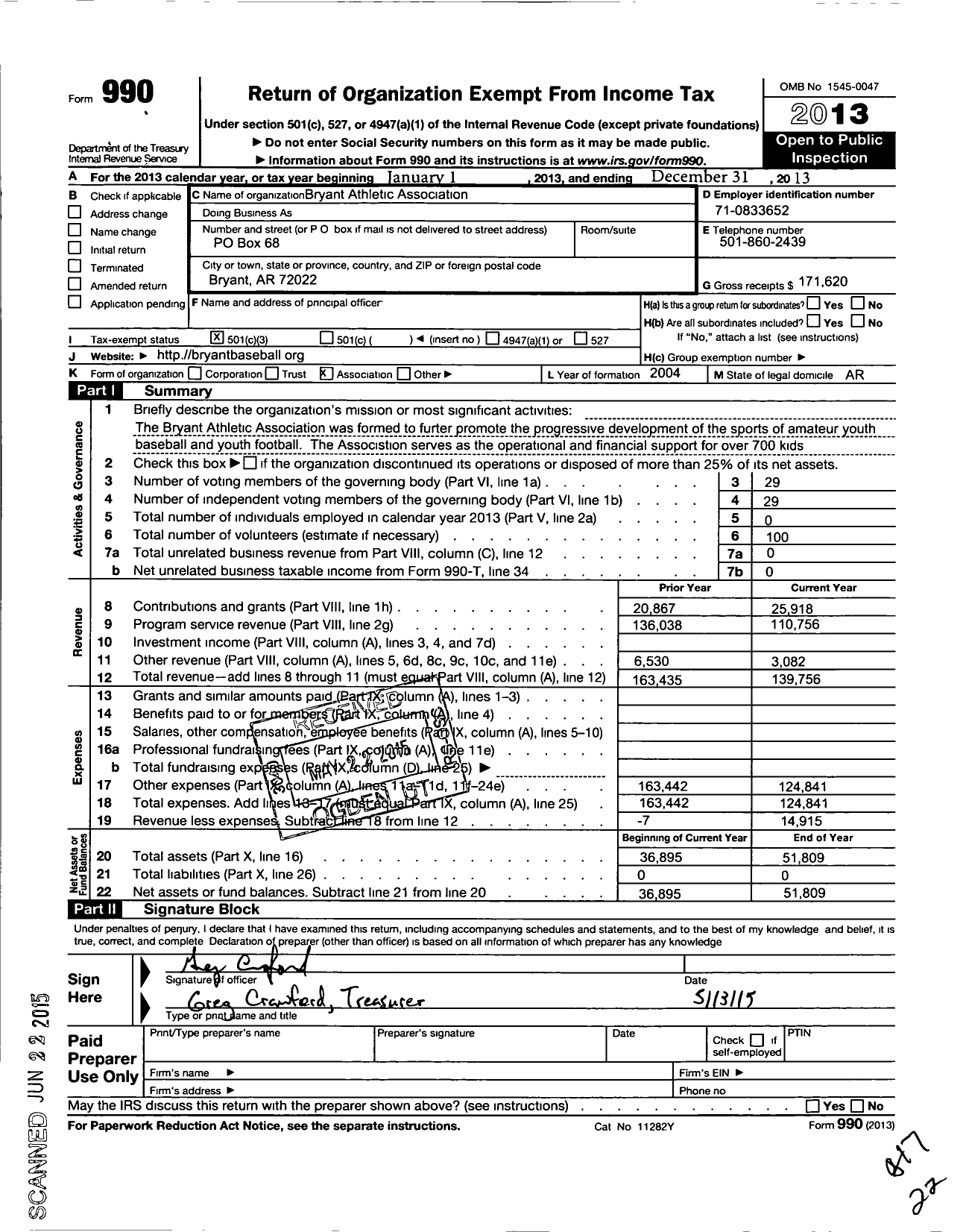 Image of first page of 2013 Form 990 for Bryant Athletic Association