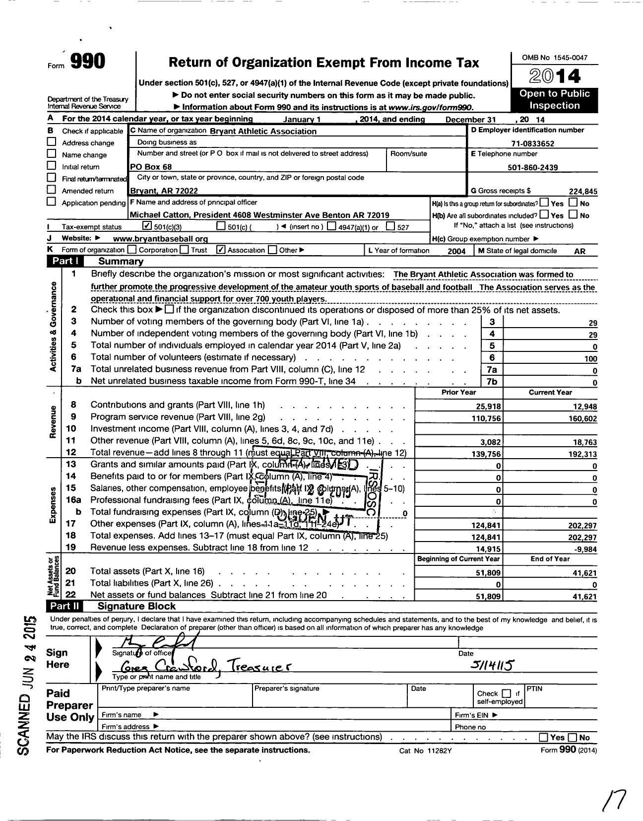 Image of first page of 2014 Form 990 for Bryant Athletic Association