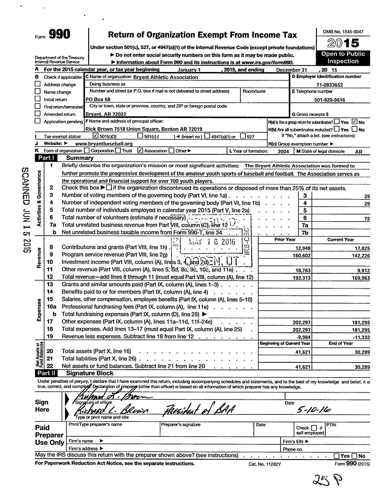 Image of first page of 2015 Form 990 for Bryant Athletic Association