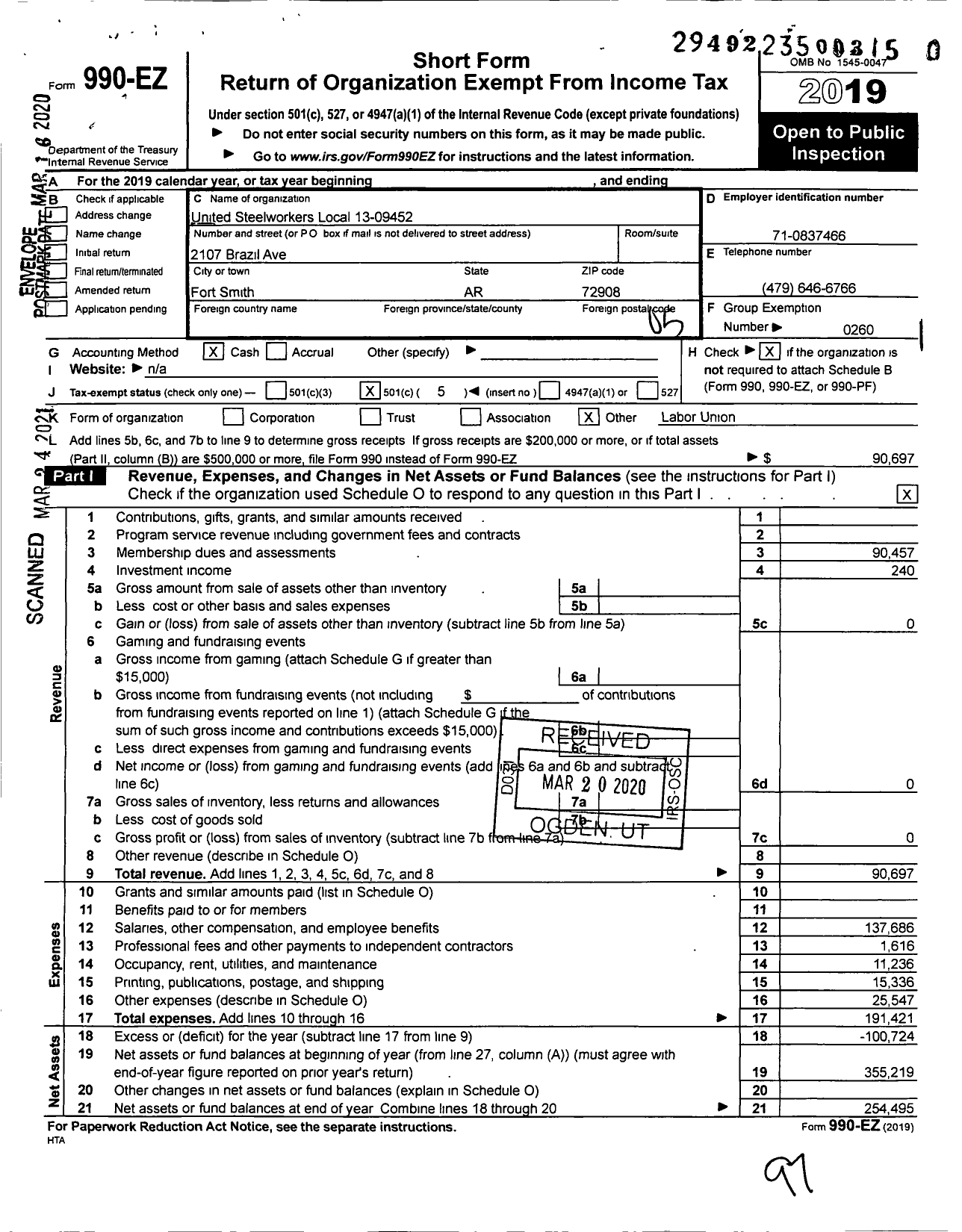 Image of first page of 2019 Form 990EO for United Steelworkers - 9452 Local District 12