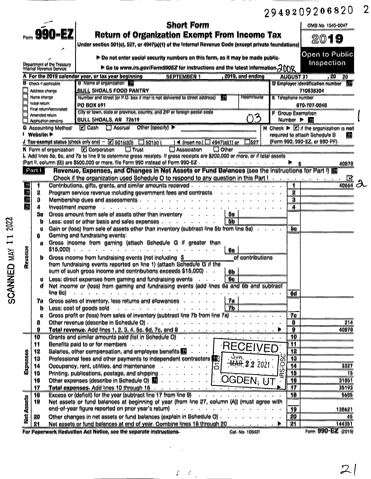 Image of first page of 2019 Form 990EZ for Bull Shoals Food Pantry