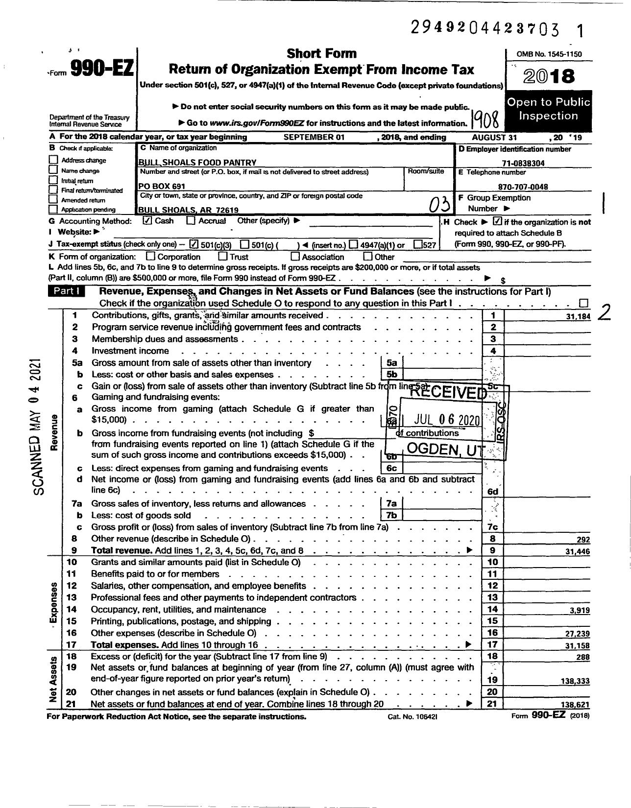 Image of first page of 2018 Form 990EZ for Bull Shoals Food Pantry