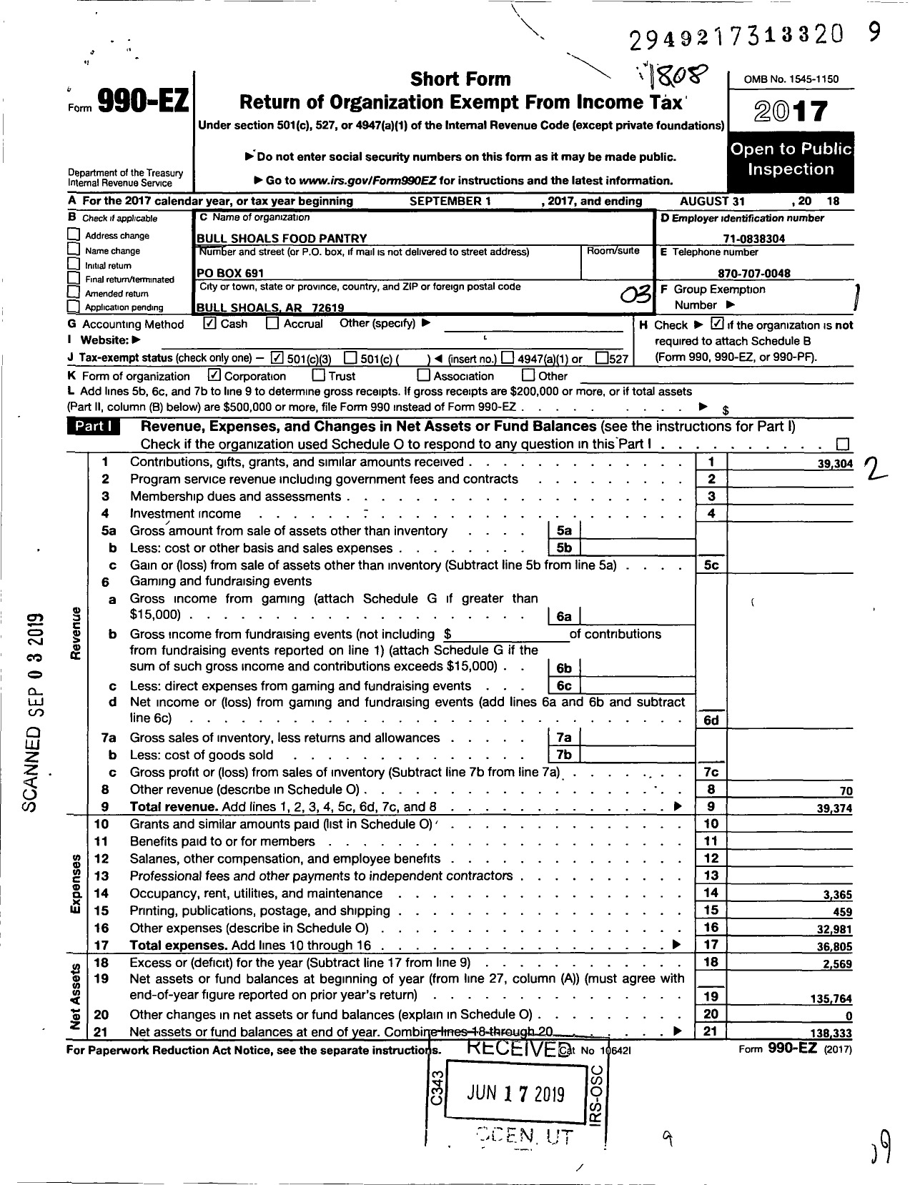 Image of first page of 2017 Form 990EZ for Bull Shoals Food Pantry